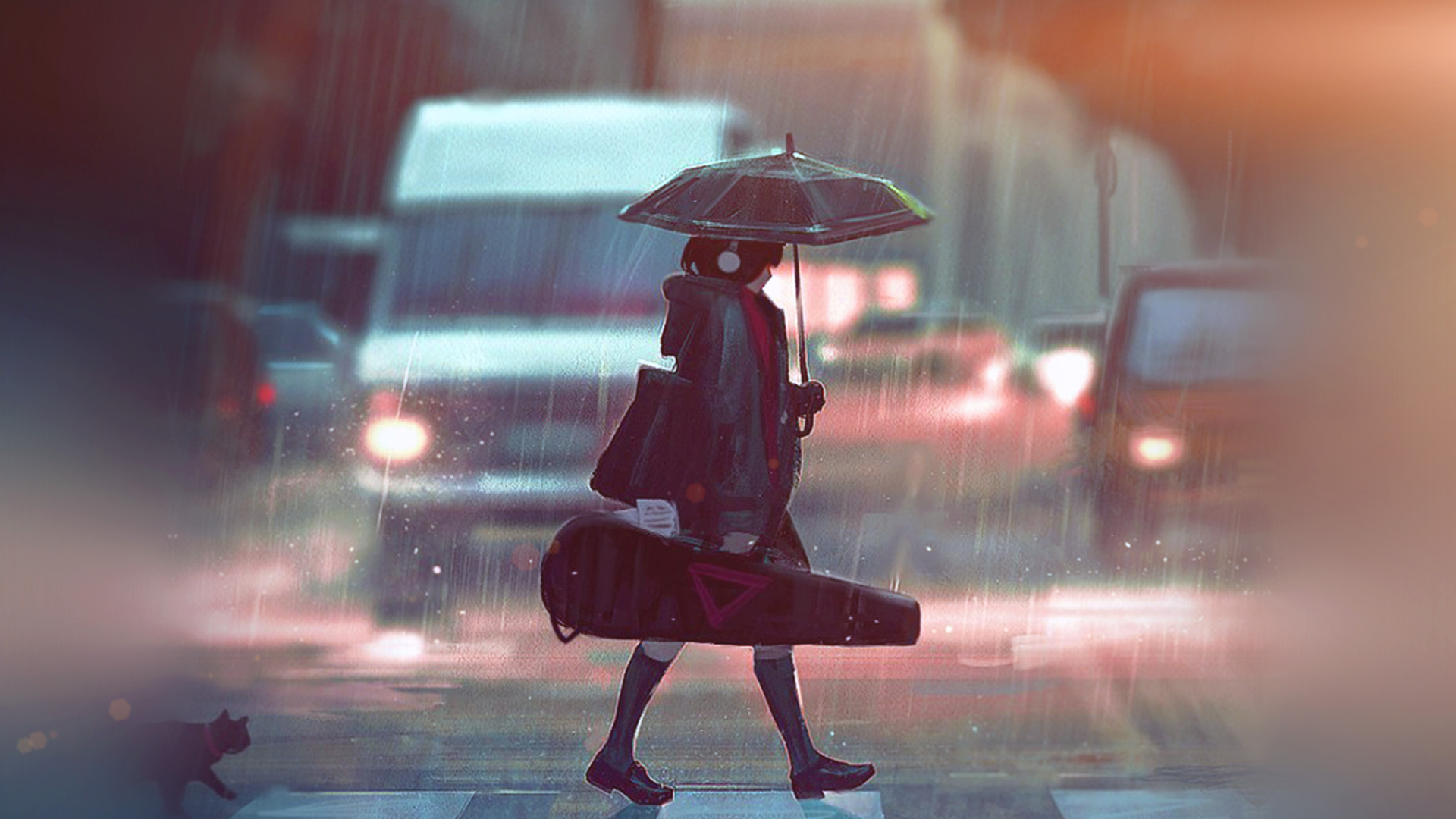 高清动漫 动漫女孩 雨伞 雨 AI艺术 人行横道 无水印壁纸 3840×2400