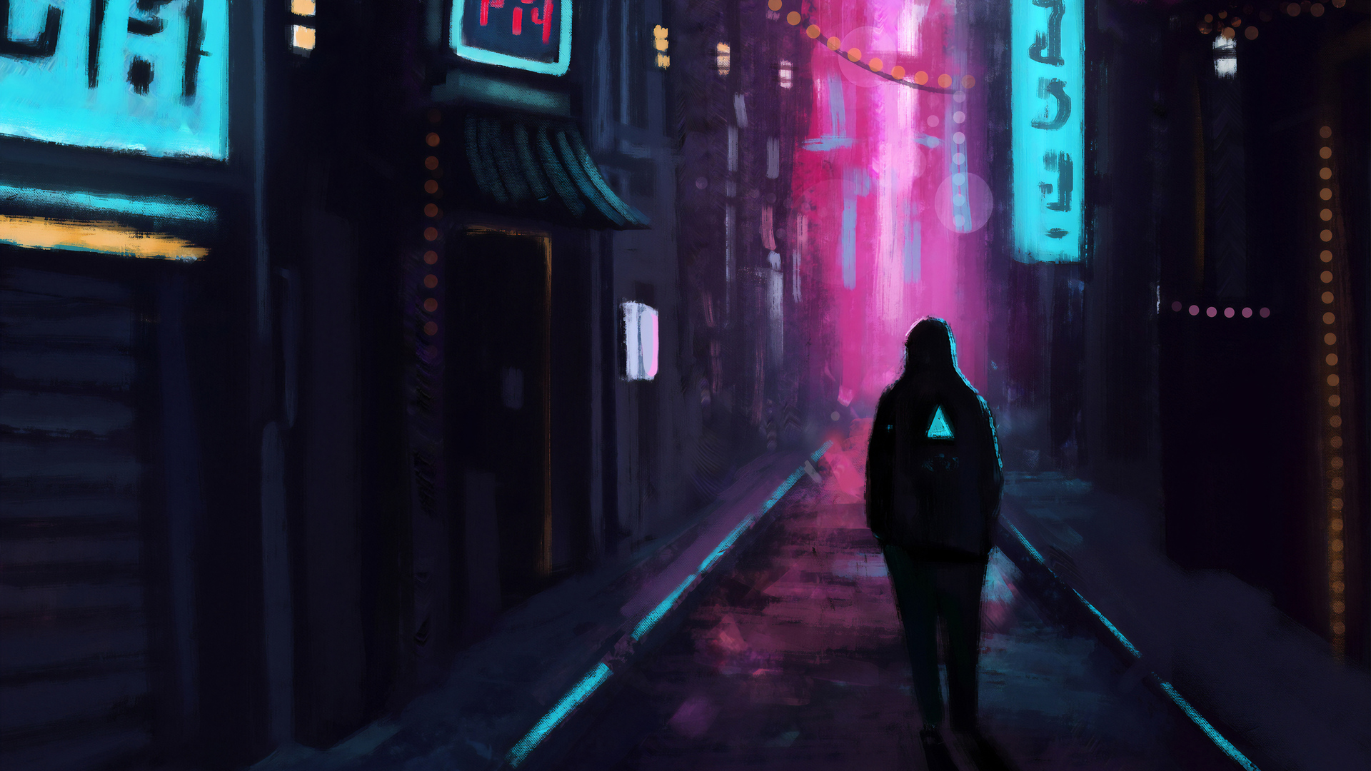 人物 行走 AI艺术 插图 黄昏 数字绘画 城市 街道 灯光 霓虹灯 赛博朋克 4K高清壁纸 3840×2160
