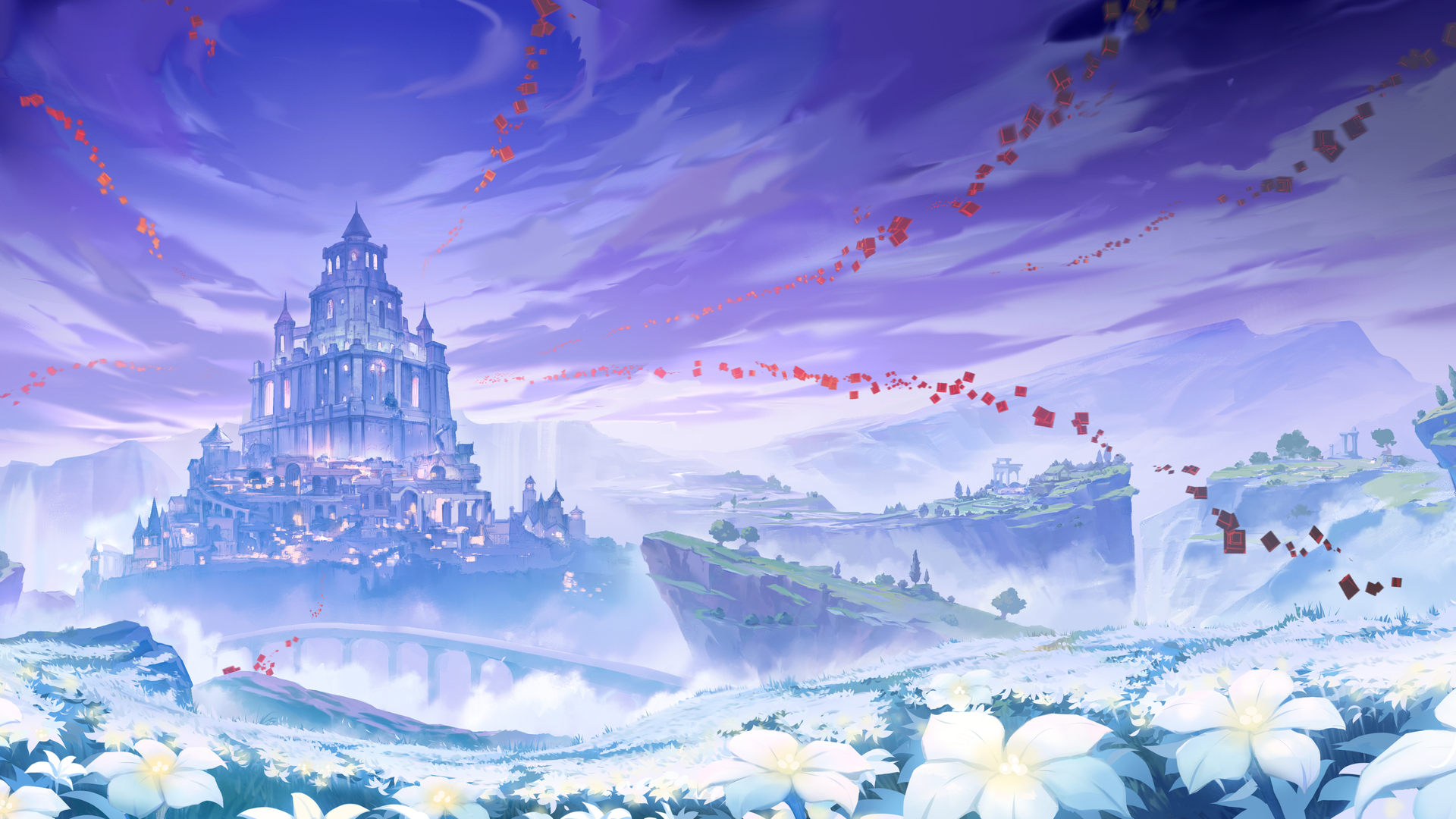 原神 田野 城堡 花 悬崖 手机壁纸 5120×2160