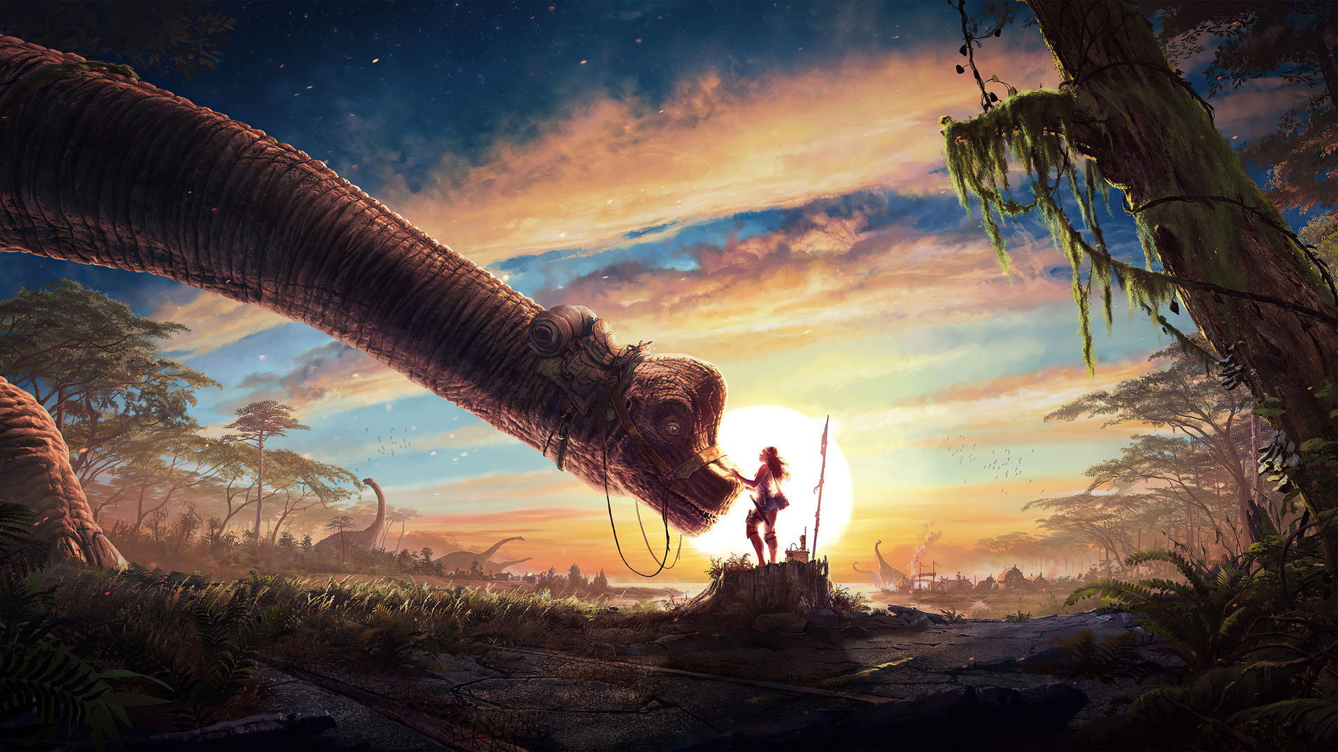 精选奇幻女孩 恐龙 AI艺术 动物 奇幻艺术 天空 高清壁纸 3840×2160