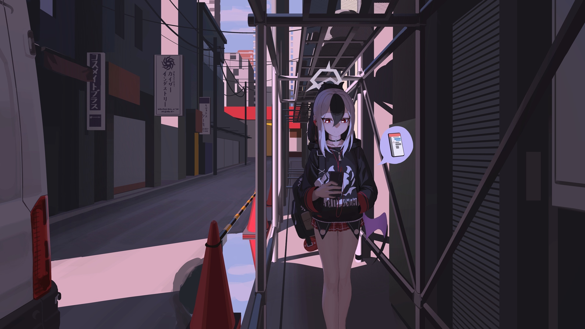 唯美女学生 红眼 站立 微笑 长发 马尾辫 蓝色档案馆 动漫女孩 城市 裙子 建筑 阳光 校服 高清壁纸 8014×4507