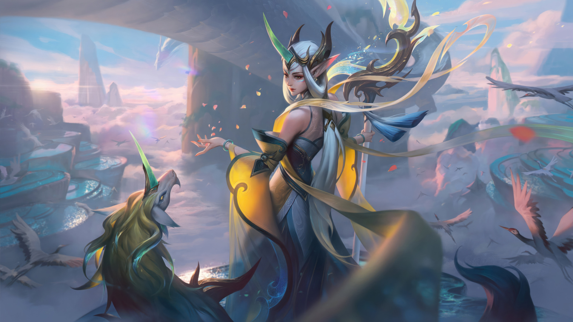绚丽索拉卡 英雄联盟 游戏 人物 LOL AI艺术 花瓣 天空 云 兽耳 动物 手机壁纸 7680×4320