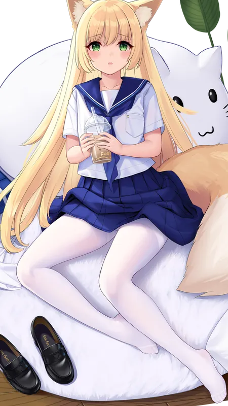 金发 绿眼睛 艾伦 动漫 动漫女孩 AI艺术 校服 连裤袜 兽耳 尾巴 狐狸女孩 狐女 手机 4K高清壁纸 6000×6000