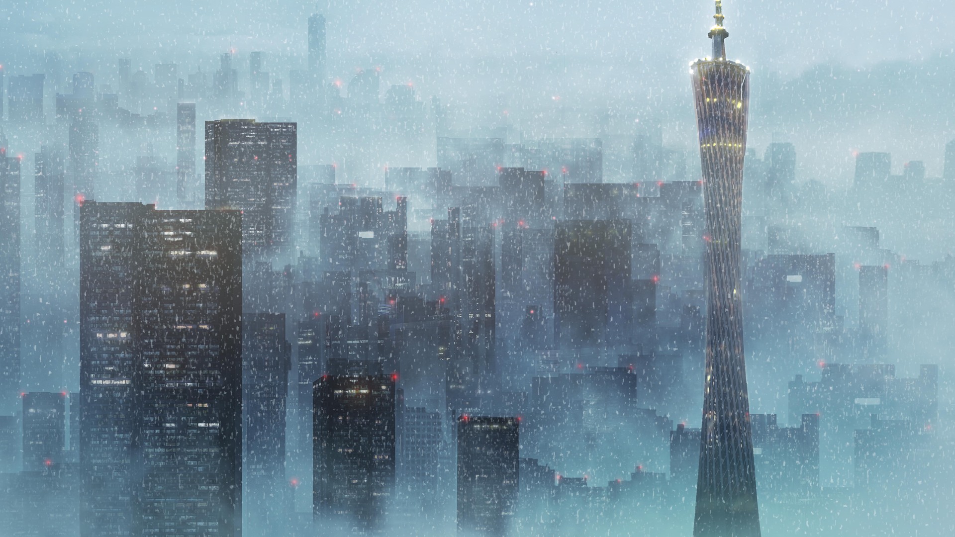 华视 动漫 城市 风光 雪 广州塔 建筑 电脑 4K高清壁纸 6586×3473