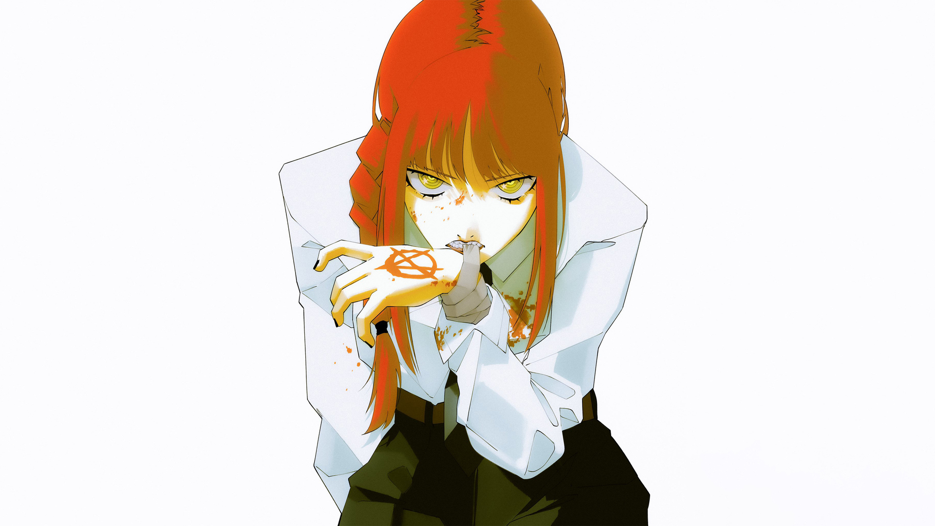 超清红发 看观众 动漫 动漫女孩绷带 黄眼睛 裤子 白衬衫 简单背景 黑色裤子 腰带 电脑 壁纸 3840×2160