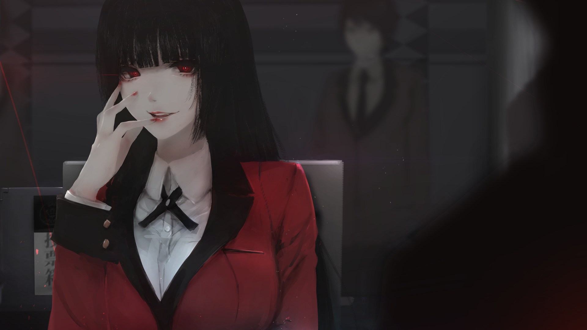 脸色苍白 红色的眼睛 动漫女孩 黑发 校服 电脑 壁纸 4507×3227