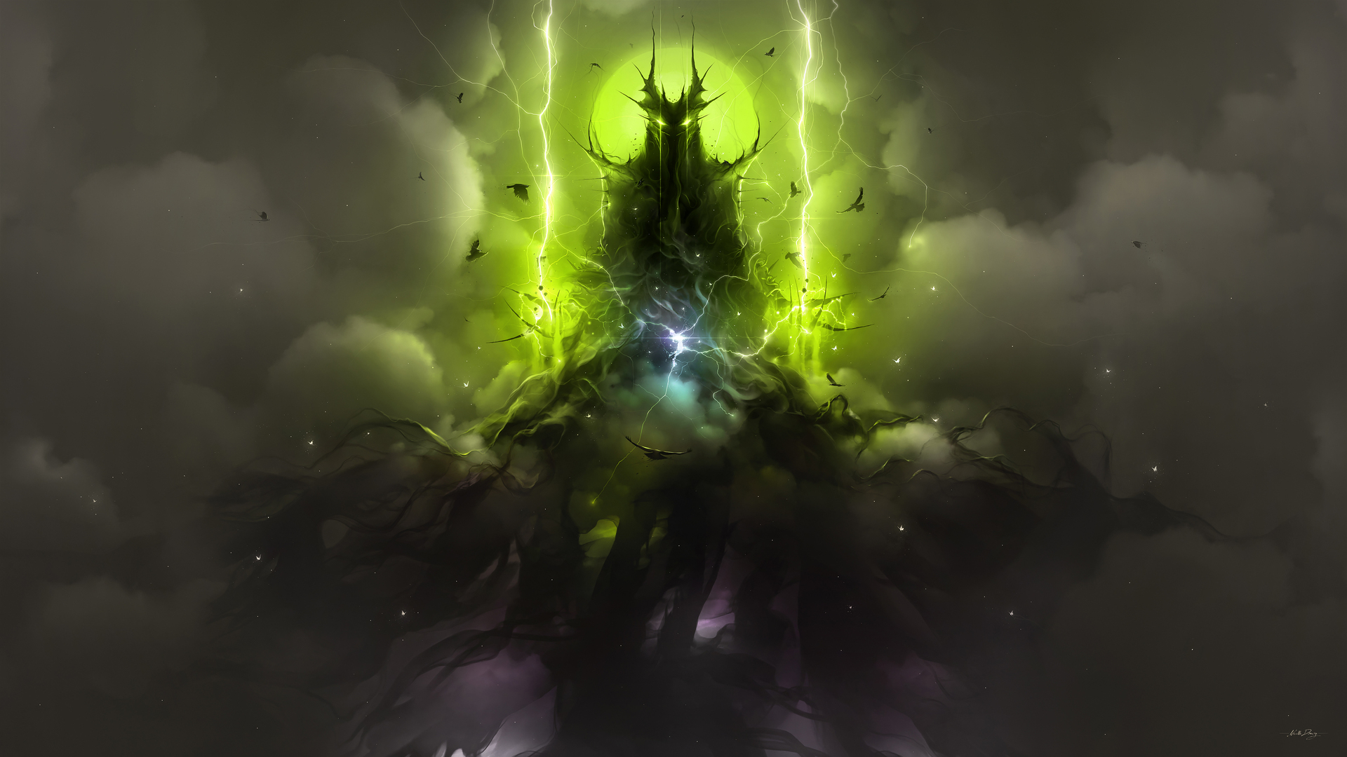 唯美虚构 灵魂 AI艺术 幻想艺术 黑暗 魔法 闪电 绿色 云 电脑 壁纸 4092×2302