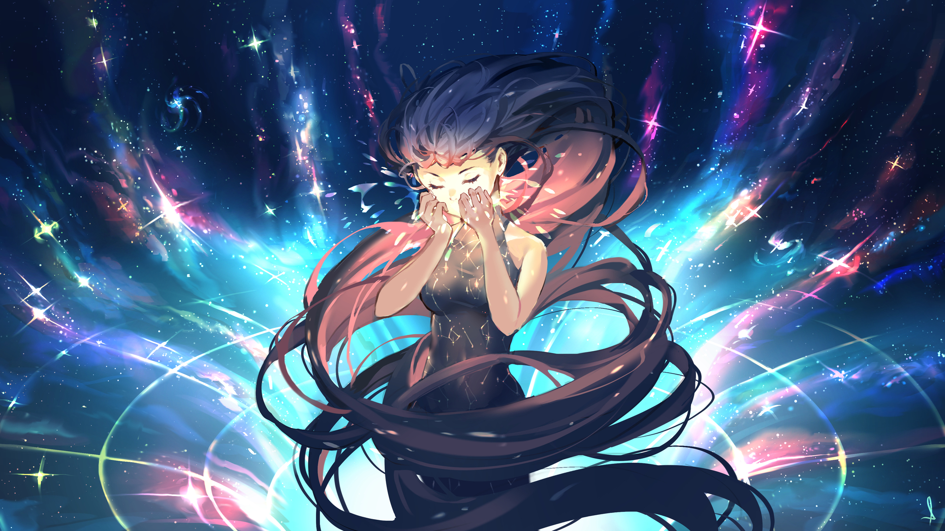 深色头发 长发 闭上眼睛 动漫 动漫女孩 星星 黑洞 电脑 壁纸 3840×2160