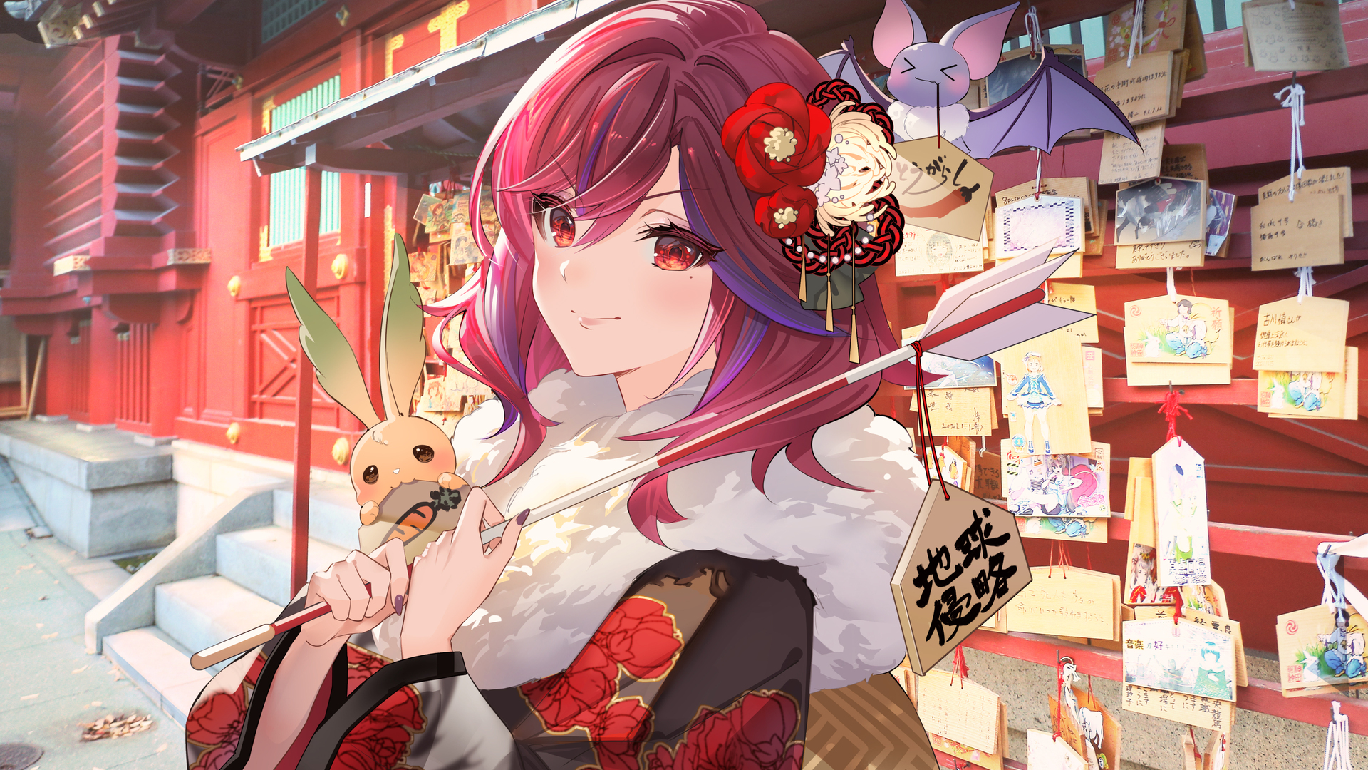 超清红发 红眼 动漫 动漫女孩 美术作品 虚拟 新年 服装 玫瑰 电脑 手机壁纸 3840×2161