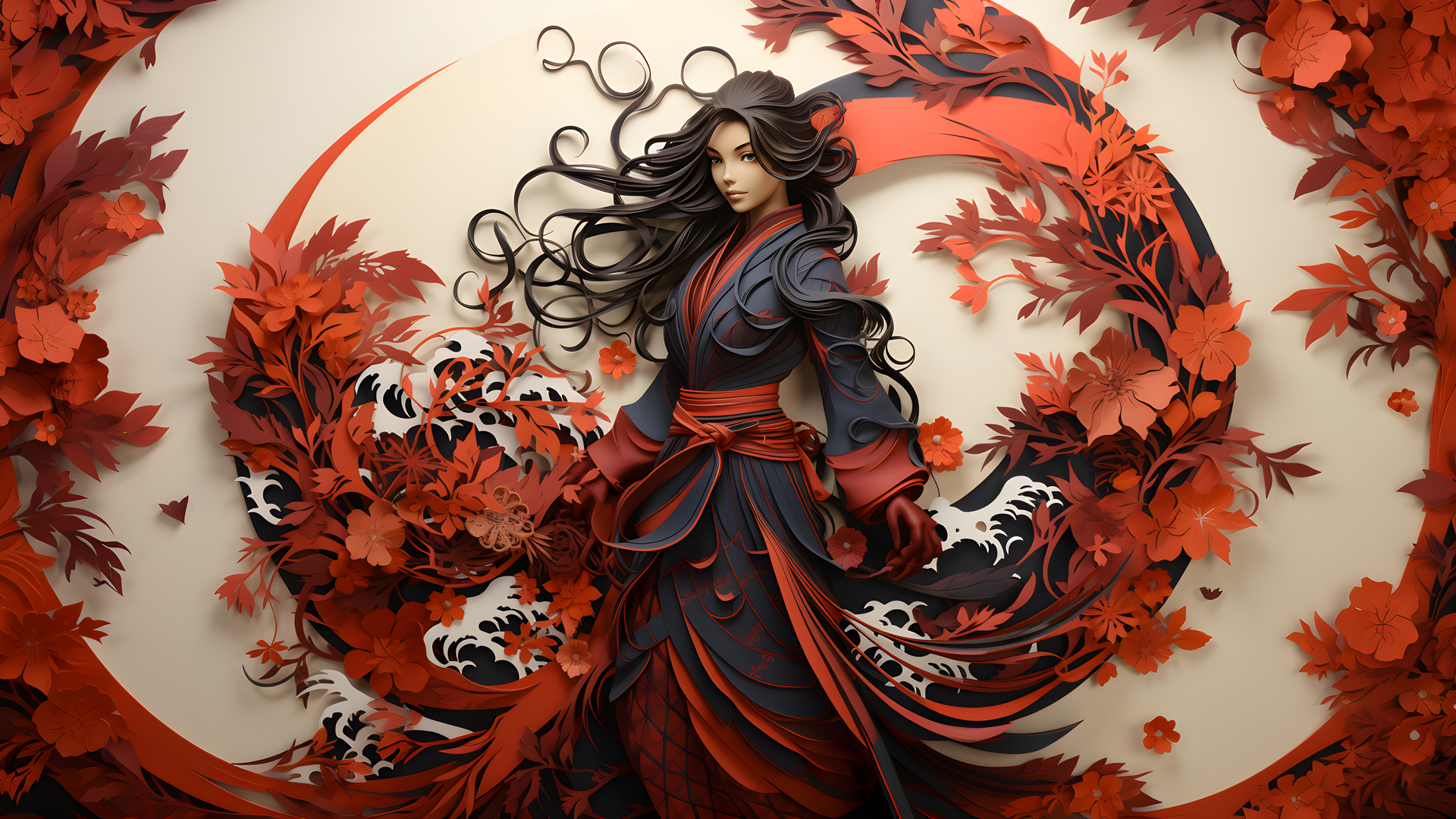 长发 AI艺术 剪纸 树叶 鲜花 红色 电脑 4K高清壁纸 5824×3264