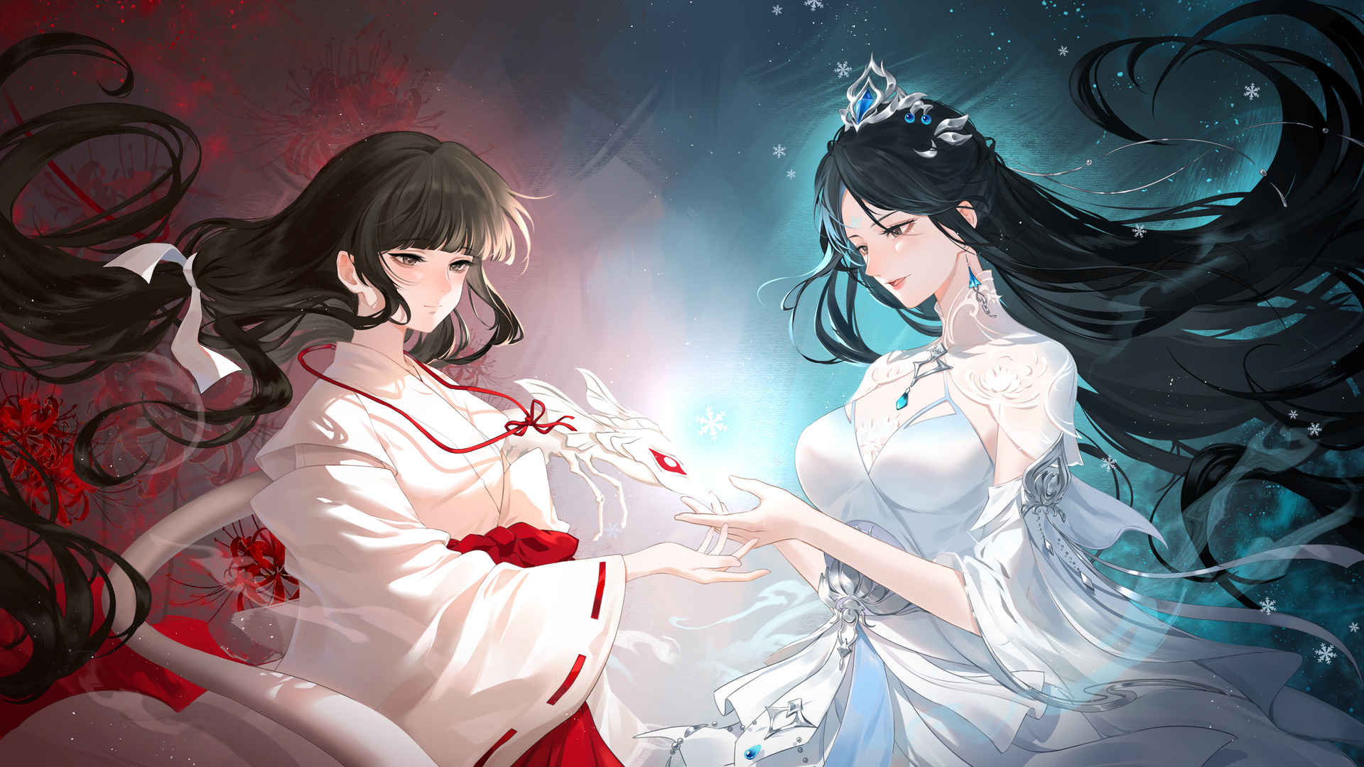 热门长发 动漫 女孩 头饰 耳环 鲜花 雪花 连衣裙 电脑 高清壁纸 5760×3240