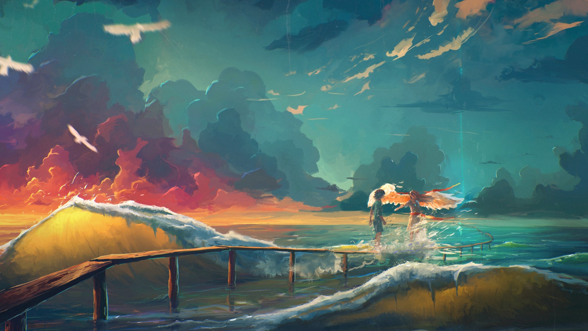 人物 绘画 天使 奇幻艺术 天空 海洋 鸟类 动物 电脑 壁纸 3840×2160