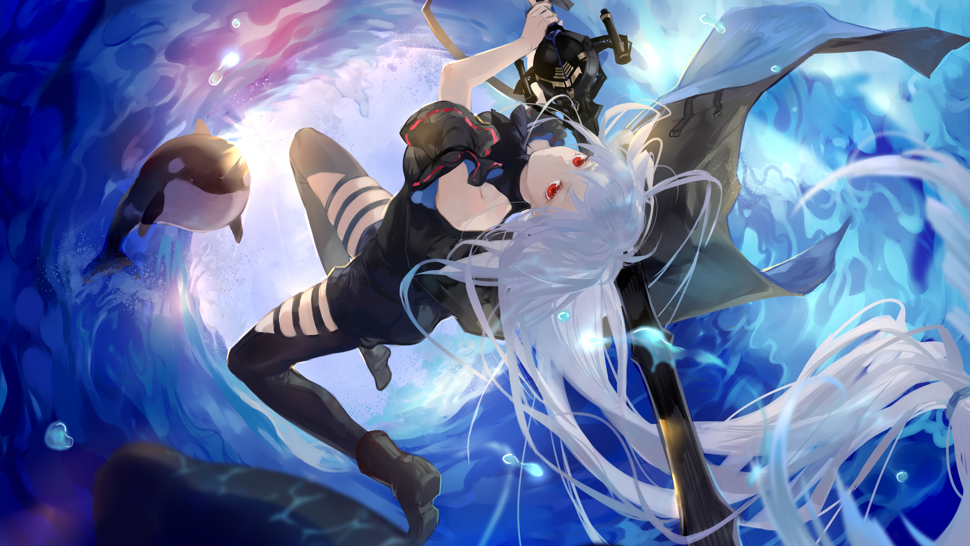 高清金发 长发 红眼睛 动漫 女孩 武士 斯卡迪 剑 海 披肩 虎鲸 水滴 电脑 壁纸 5554×3541