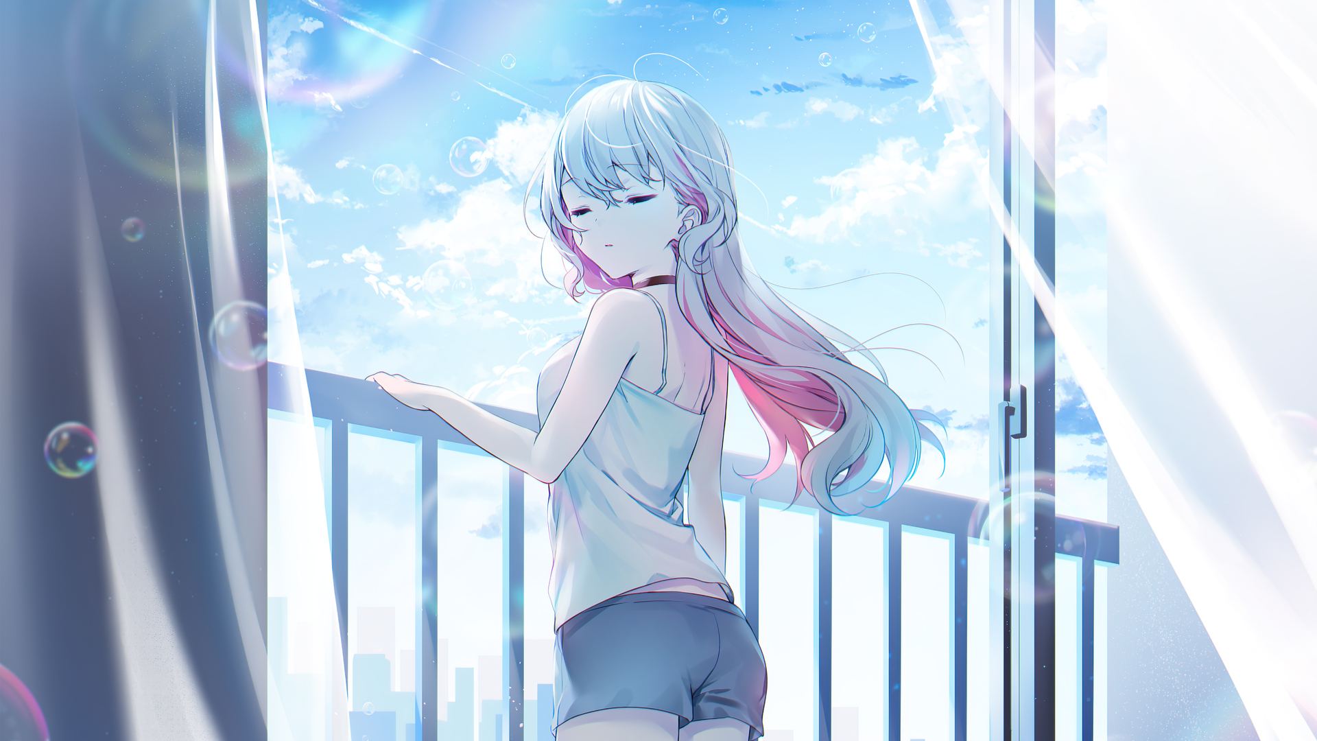 长发 白发 闭眼 动漫 女 天空 云彩 背心 短裤 电脑 高清壁纸 5120×3265