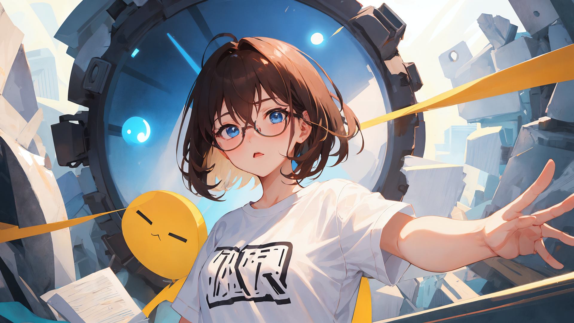 绚丽短发 动漫 女孩 眼镜 艺术 插画 绘画 可爱 电脑 壁纸 3840×2160