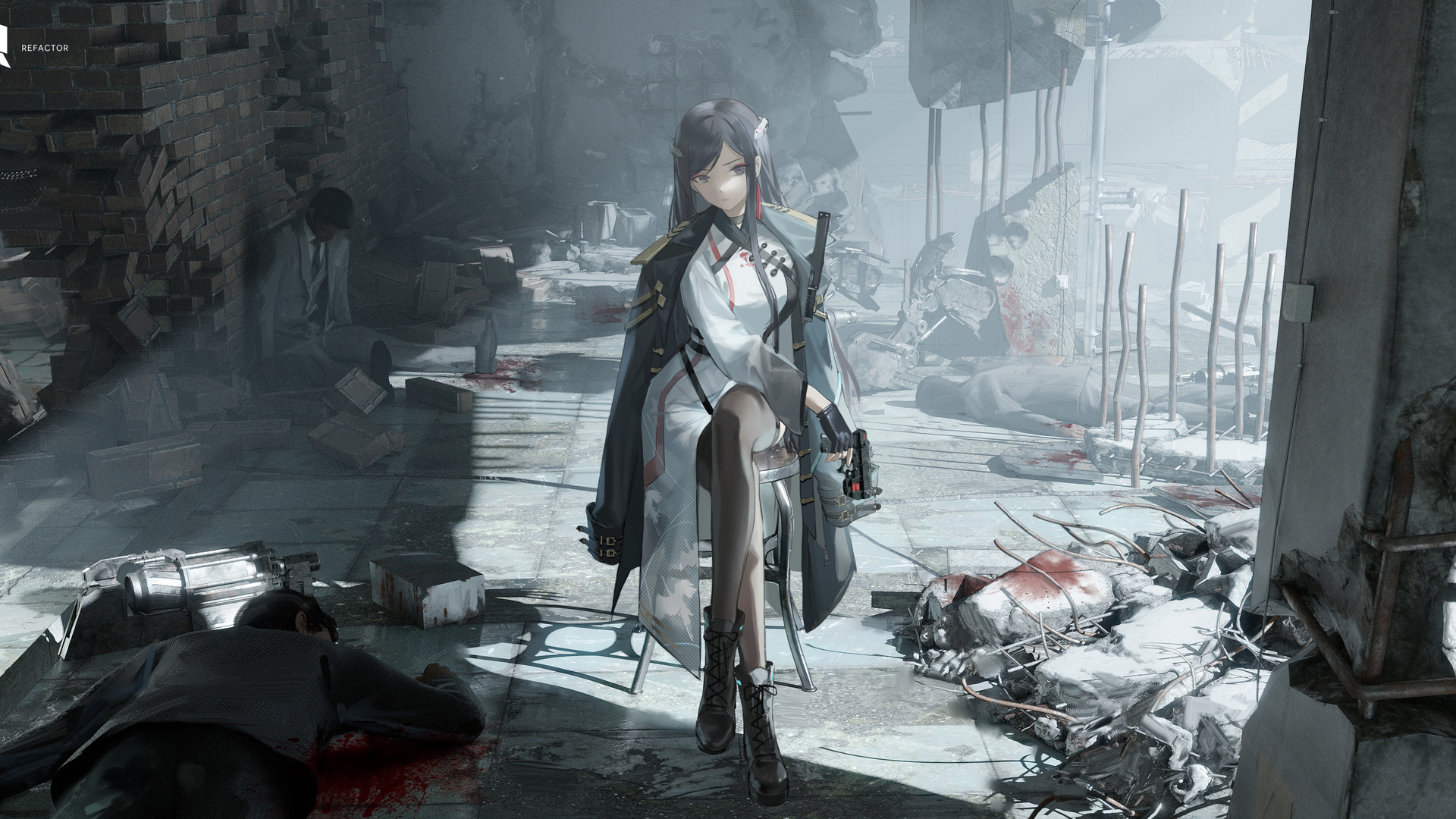 绝美女孩 长发 动漫 凳子 手套 枪 夹克 制服 电脑 手机壁纸 5602×2587