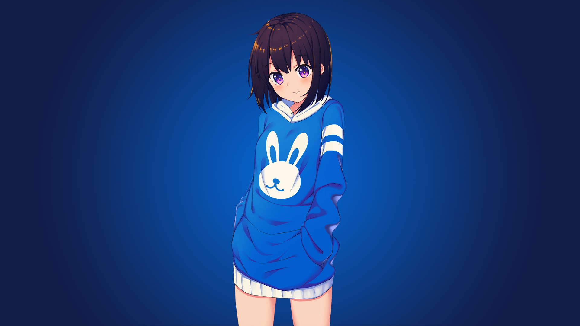 热门动漫 女孩 兔子 可爱 简单背景 蓝色 电脑 无水印壁纸 3840×2160