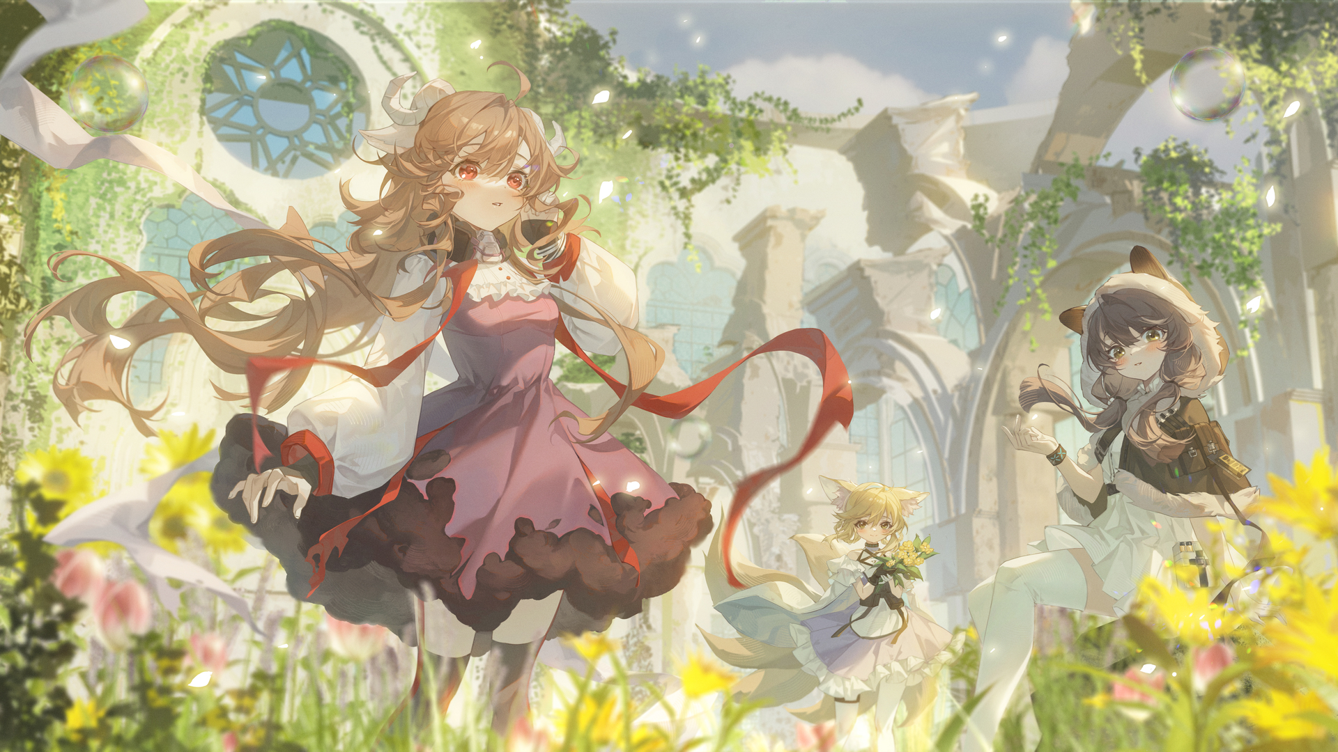 长发 兽耳 狐耳 狐尾 站立 动漫 女孩 花 明日方舟 连衣裙 脸红 树叶 天空 云彩 电脑 高清壁纸 6000×3356