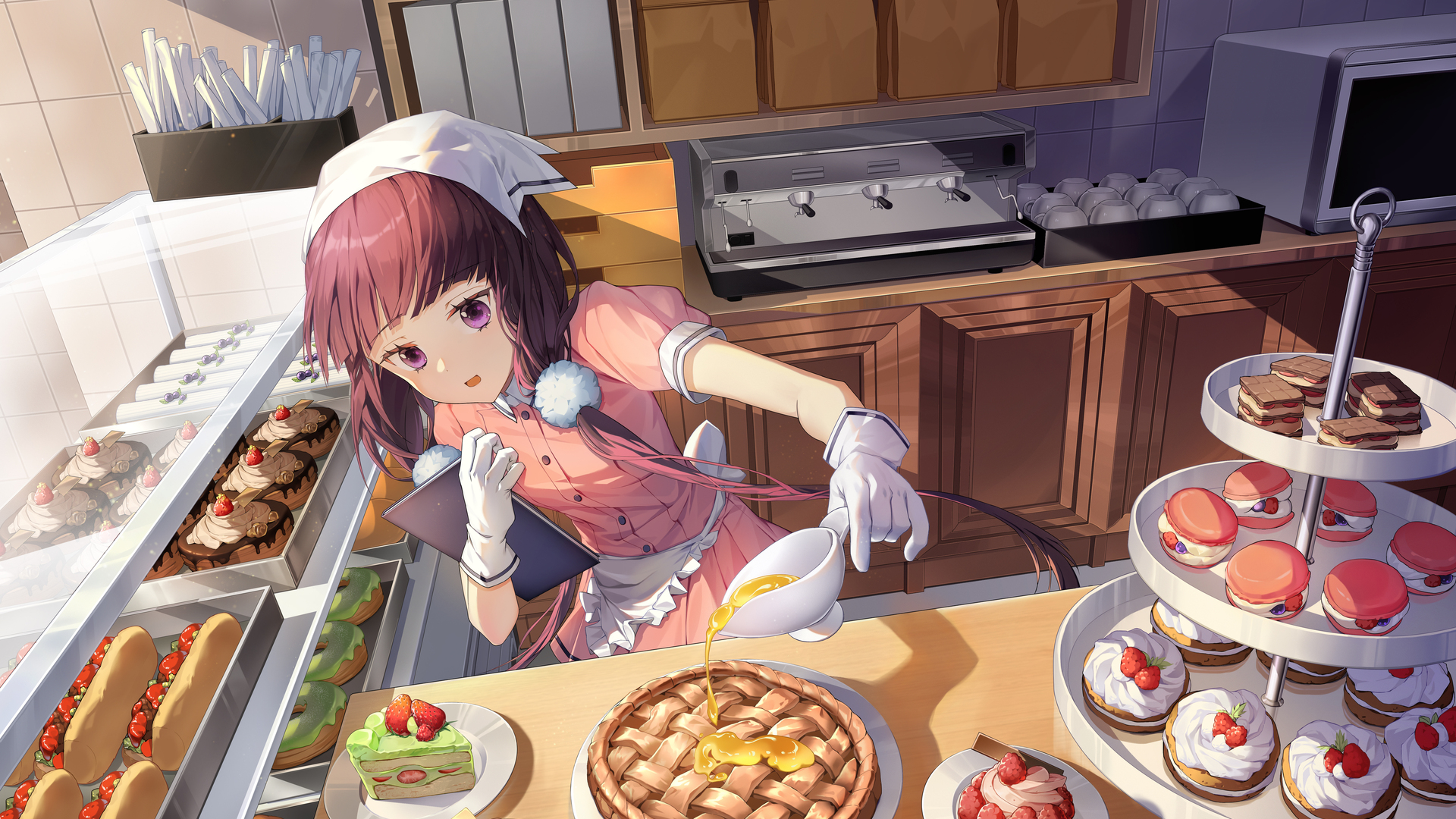 动漫 女孩 烹饪 糖果 食物 手套 馅饼 蛋糕 厨房 电脑 壁纸 6400×4000