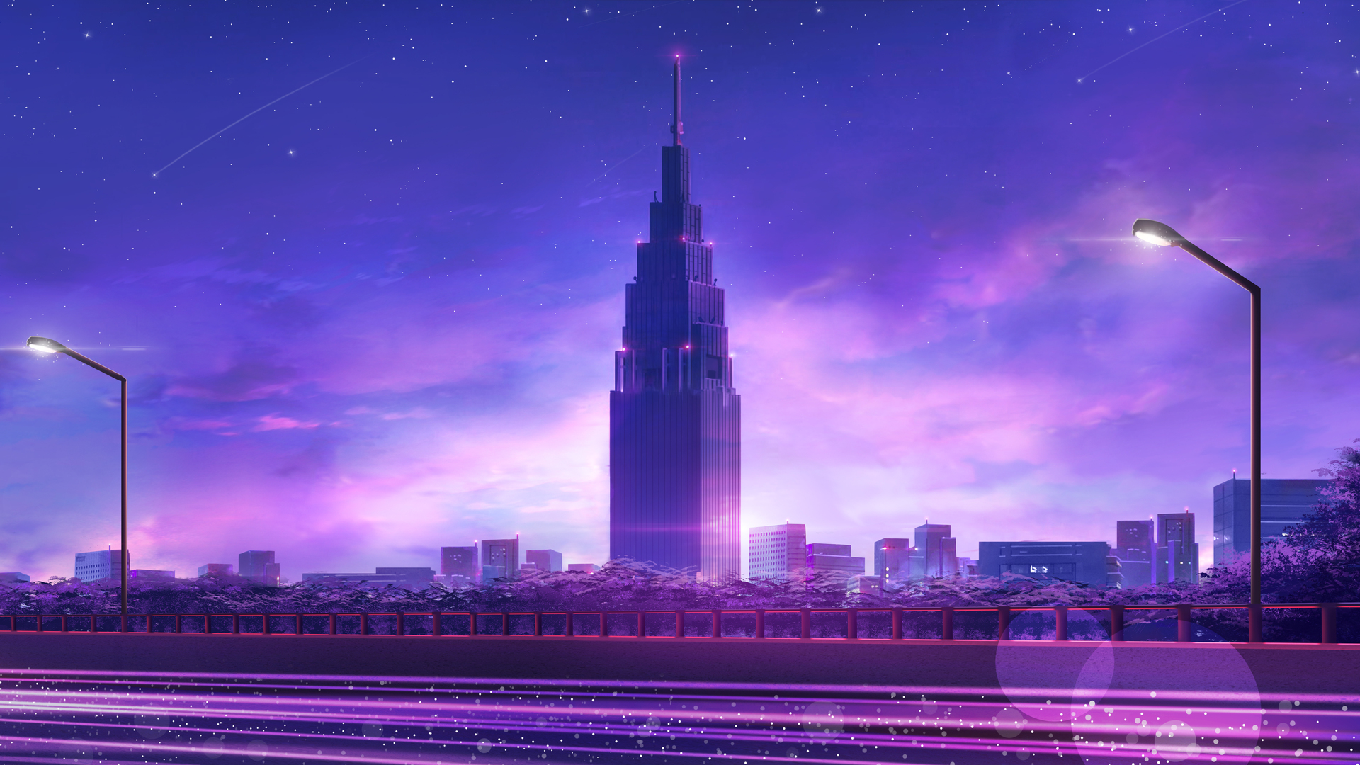 AI艺术 紫色 城市 景观 摩天大楼 建筑 灯光 星星 彗星 路灯 塔 电脑 壁纸 6098×3197