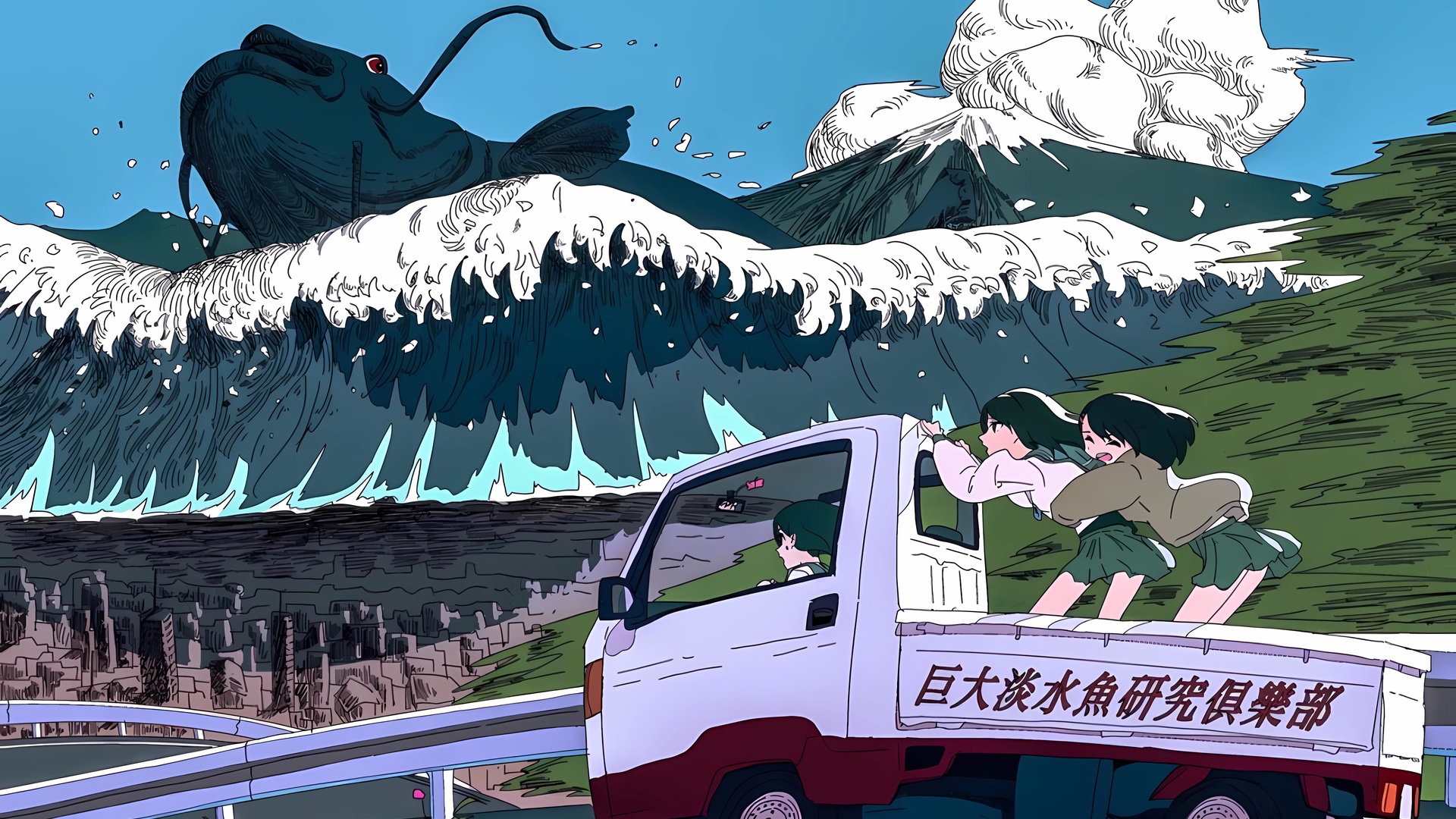 绝美女学生 动漫 女孩 海啸 AI艺术 鲤鱼 水 鱼 动物 卡车 天空 山脉 车辆 校服 电脑 桌面壁纸 4968×3436
