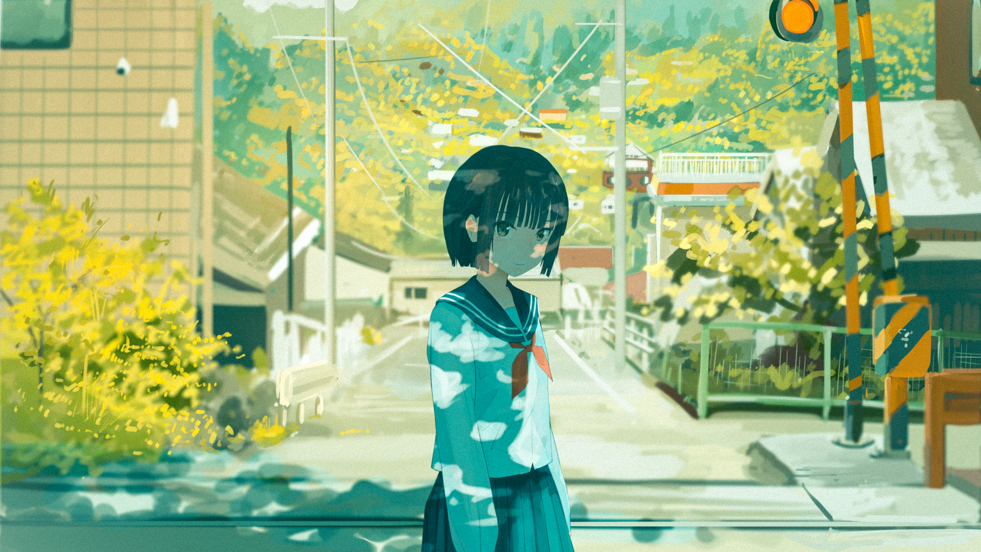 高清短发 夏天 校服 阳光 动漫 女孩 黑发 铁路 电脑 4K壁纸 3840×2160