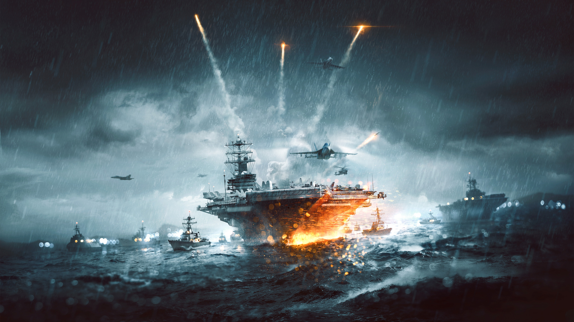 超清游戏 艺术 战场 航母 雨 海洋 舰队 水 飞机 电脑 高清壁纸 4500×2701