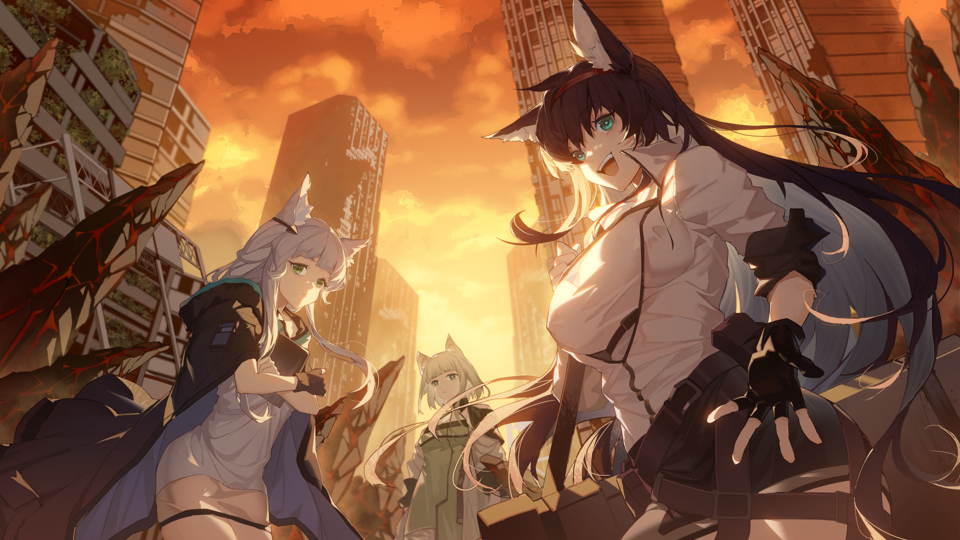 精选动漫 女孩 兽耳 神枪手 卡西特 火焰 电脑 无水印壁纸 9496×5424