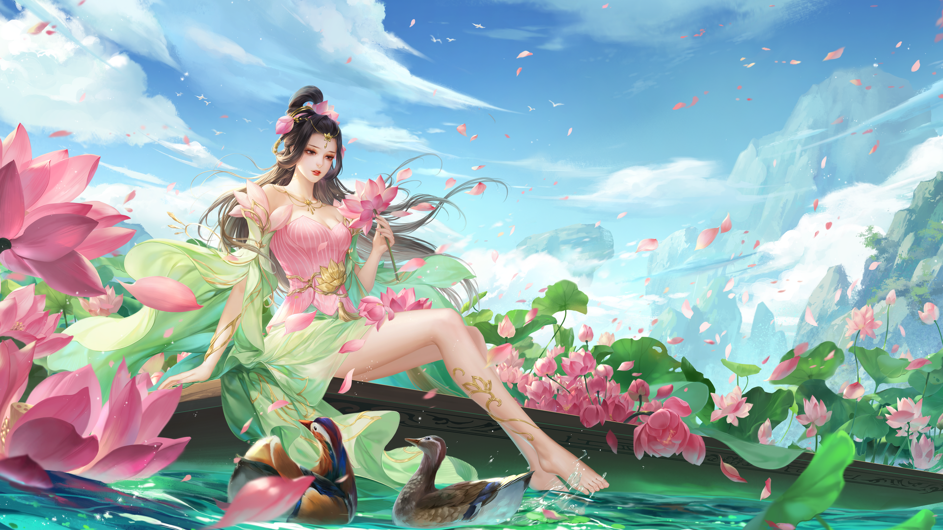 女人 长发 粉色 游戏 花 天空 云 水 花瓣 山 衣服 树叶 电脑 手机壁纸 4927×2771