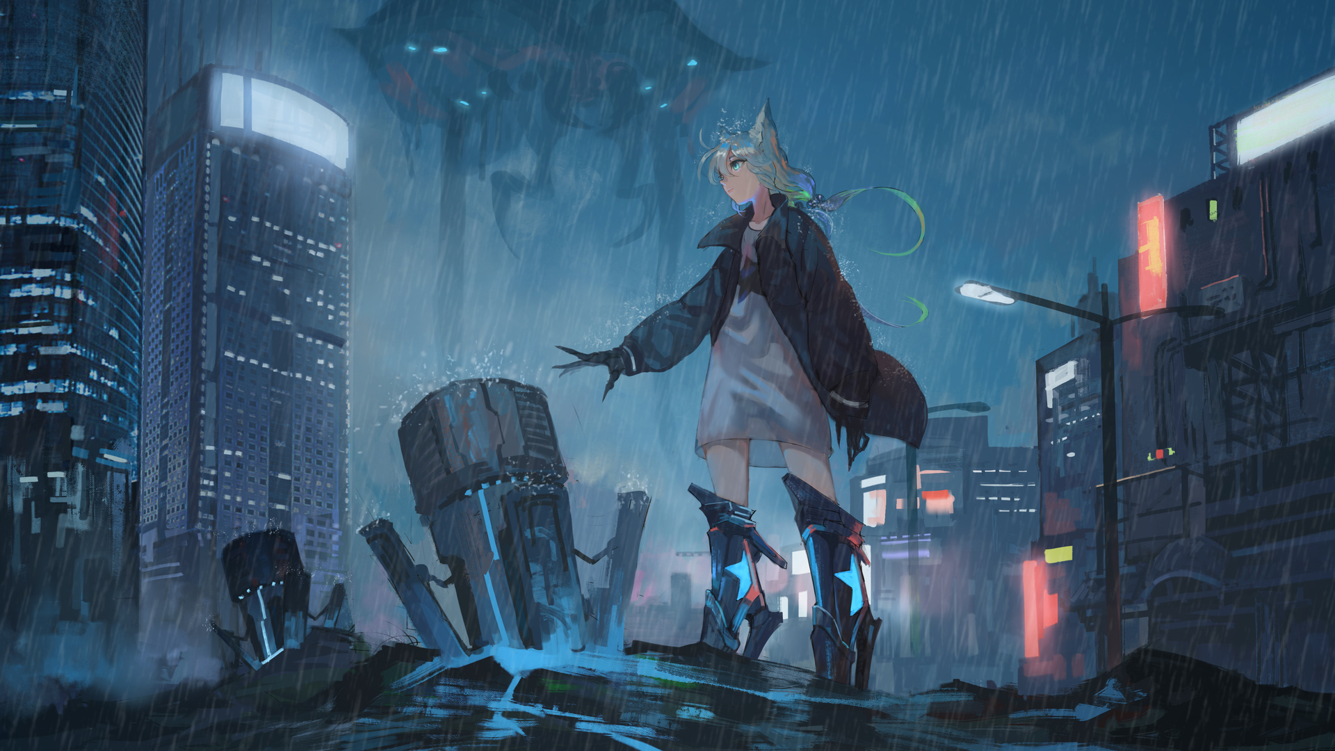 绚丽动漫女孩 动漫 黑暗 城市景观 雨 电脑 桌面壁纸 4048×2480