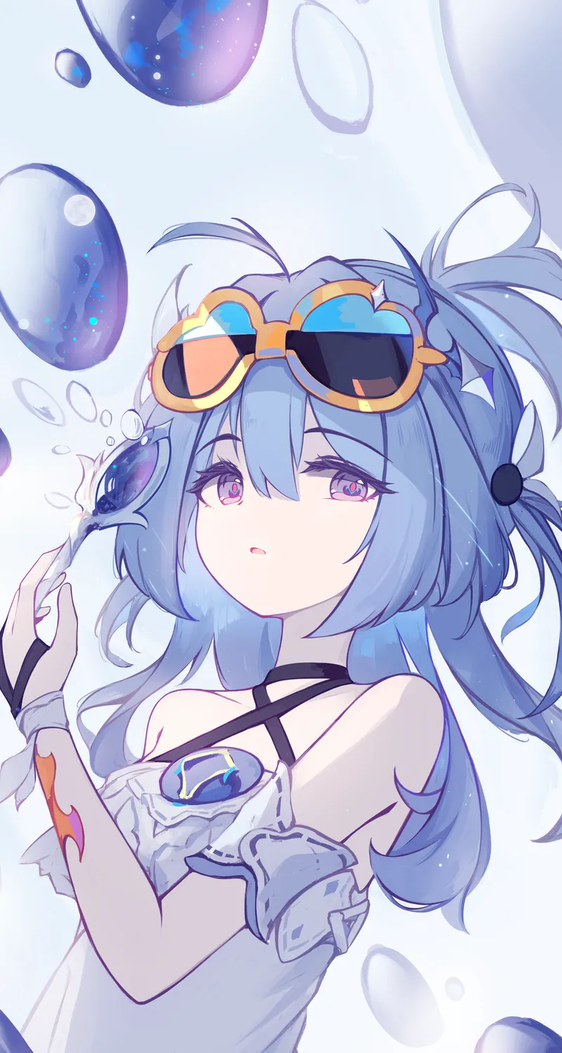 精选蓝色 头发 艺术 动漫 动漫女孩 太阳镜 白色 连衣裙 手机 手机壁纸 4139×7753
