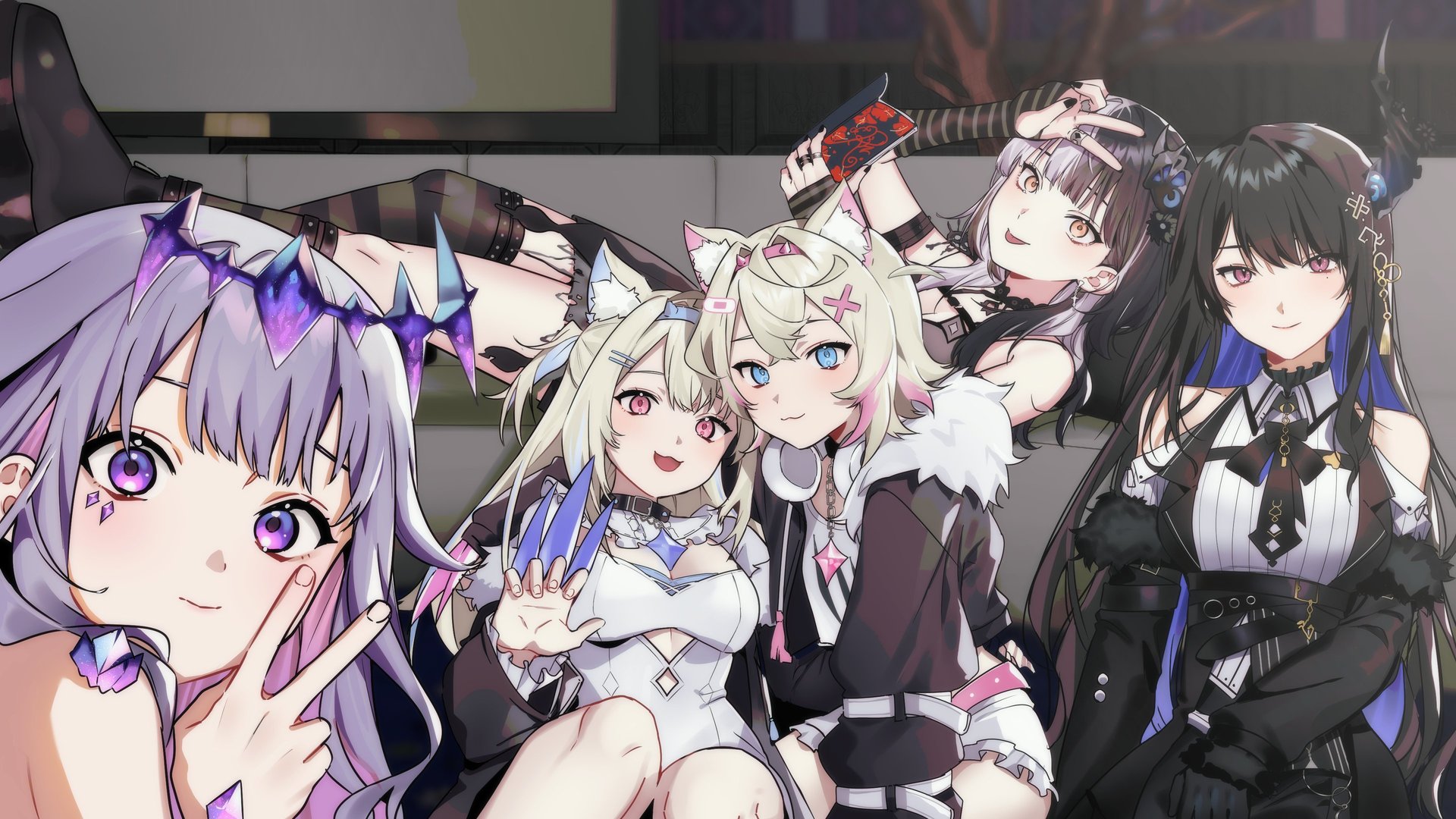 长发 微笑 头发 猫女孩 动漫女孩 角 蝴蝶结 领子 耳机 戒指 猫耳 电脑 4K壁纸 3840×2160