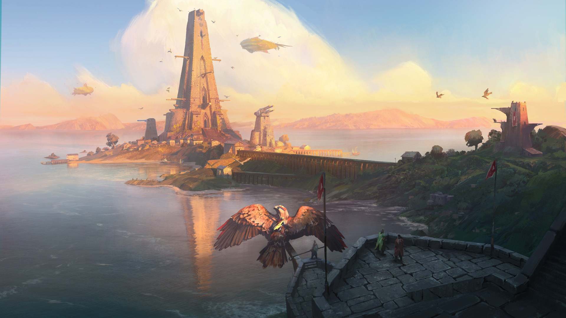 奇幻艺术 AI艺术 塔楼 风景 鸟类 游戏 概念设计 电脑 4K高清壁纸 3840×2160