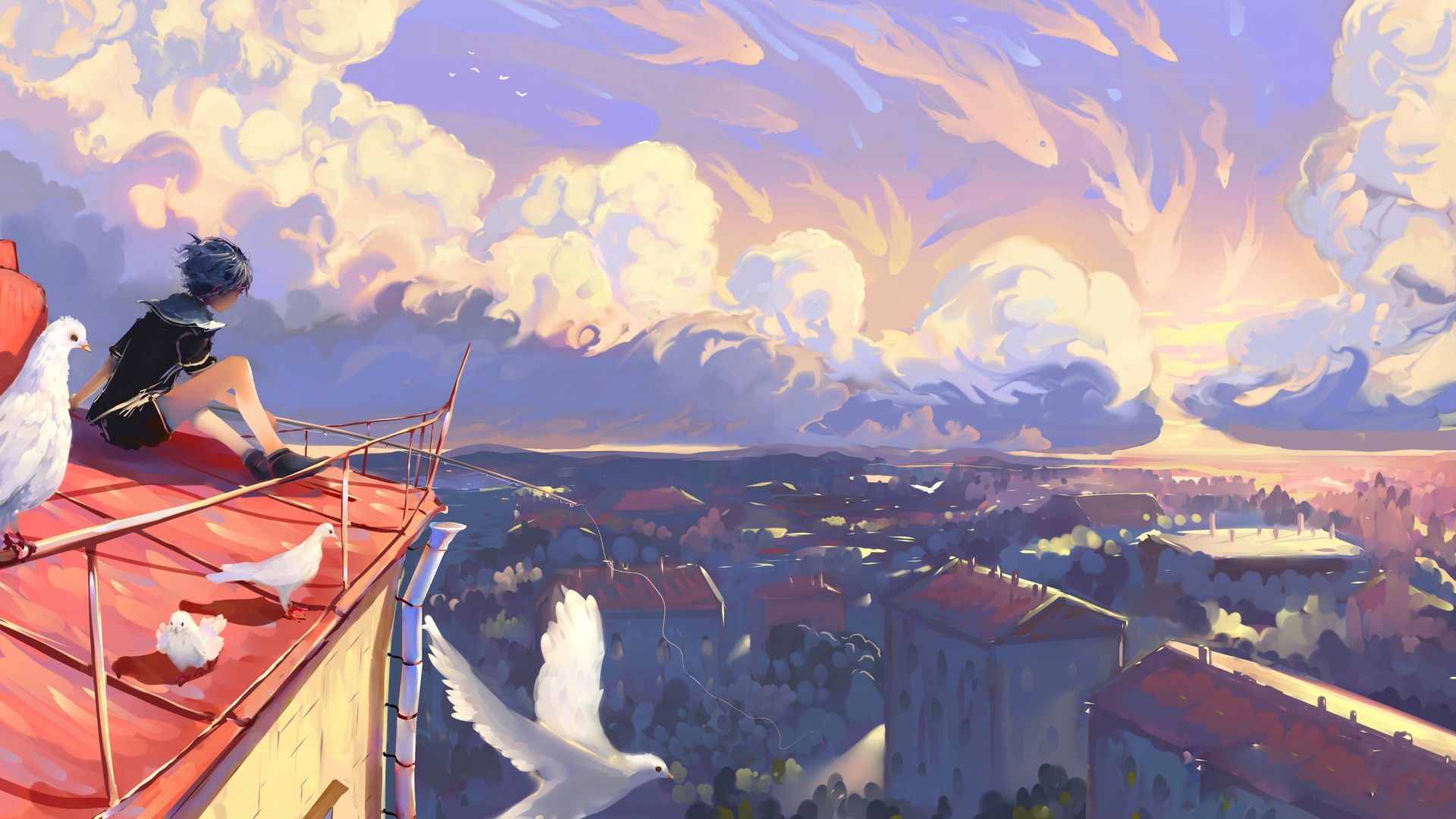 蓝色 头发 插图 日落 AI艺术 屋顶 云 鸟 电脑 无水印壁纸 4500×2531