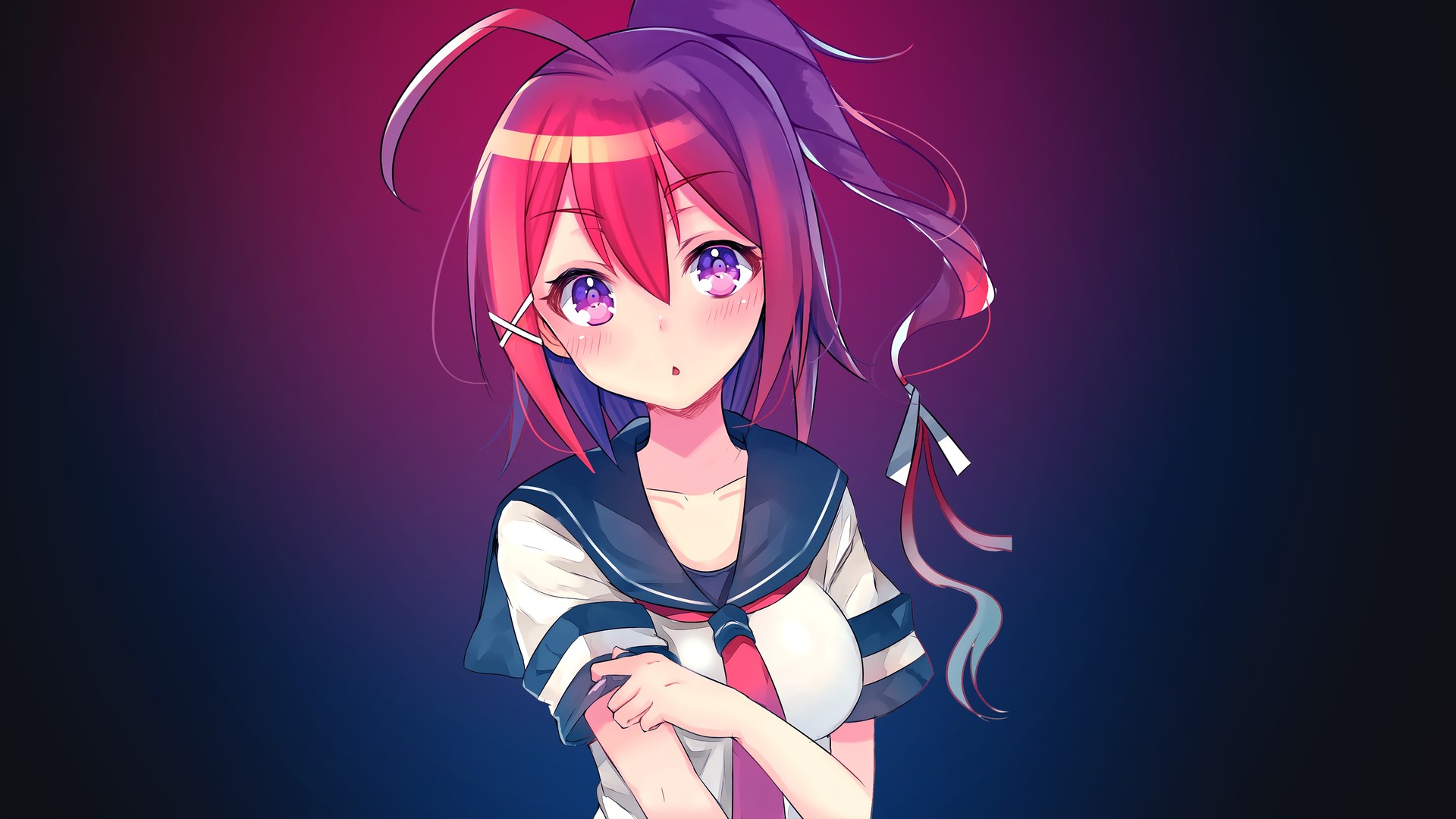 马尾辫 长发 红发 动漫 动漫女孩 紫色眼睛 电脑 高清壁纸 3840×2160