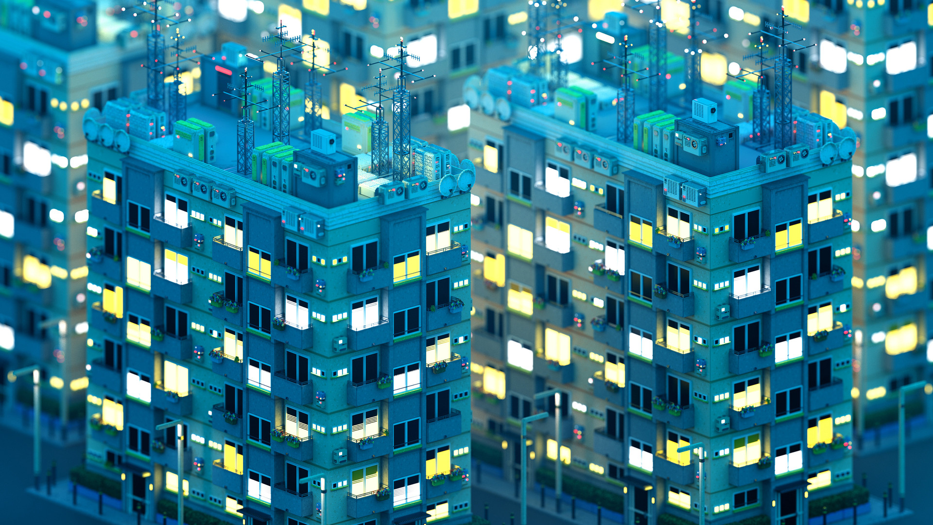 热门AI艺术 艺术 公寓 街区 蓝色 城市 建筑 夜景 电脑 高清壁纸 3840×2160