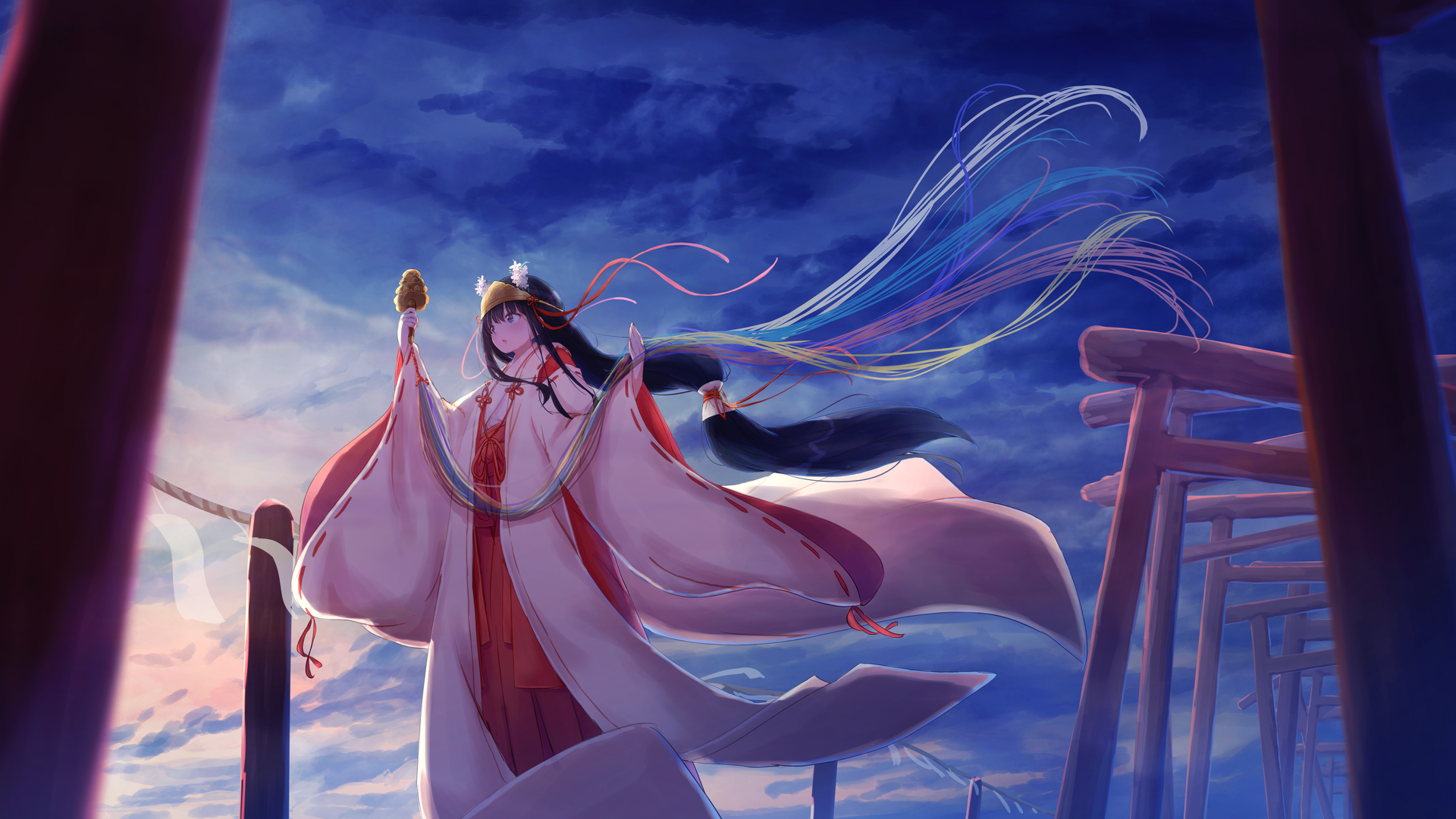 长发 头发 迷彩 风 传统服装 服装 动漫女孩 电脑 4K高清壁纸 7128×3629