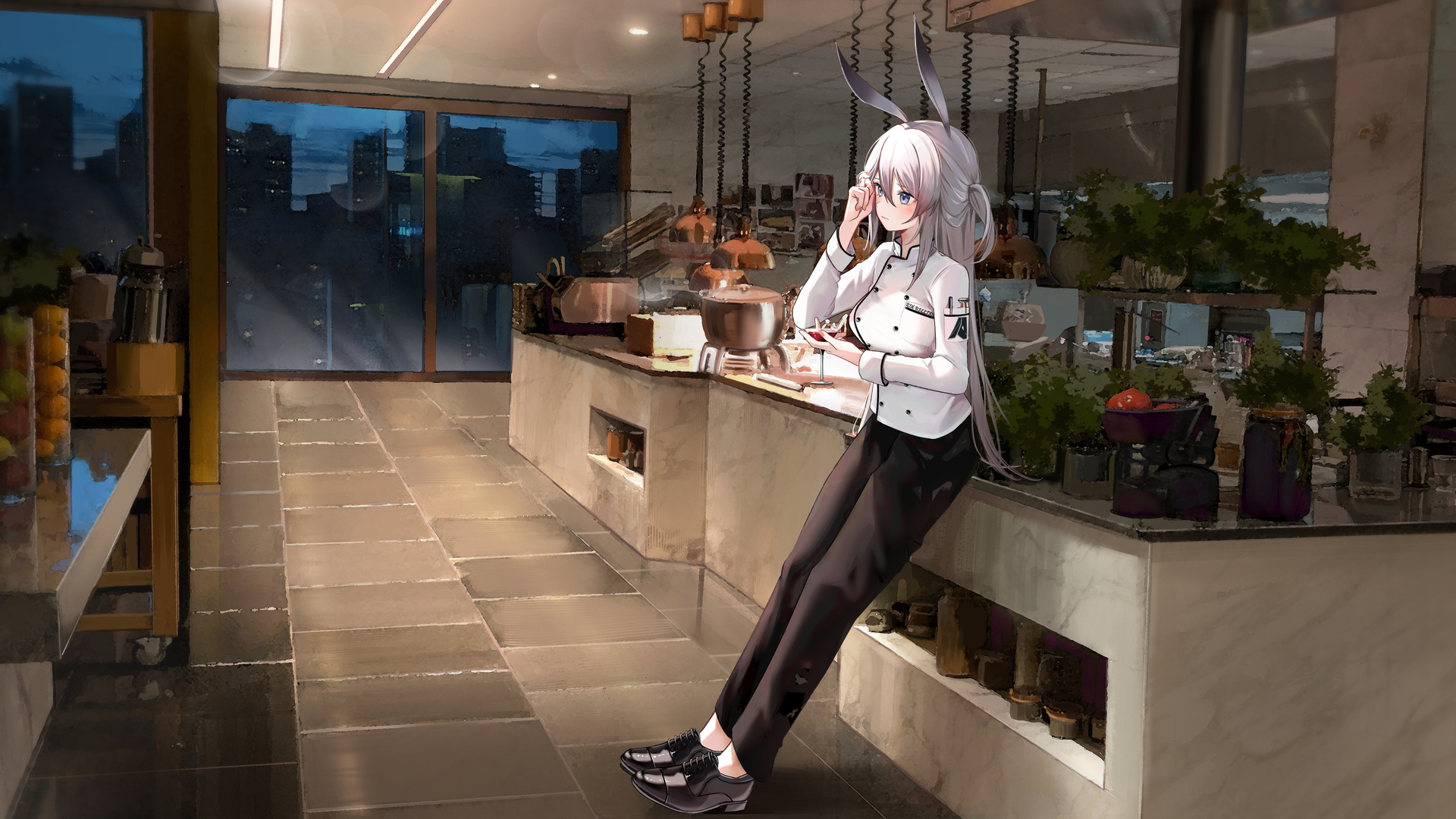 高清长发 动漫 女孩 室内 房间 夜晚 电脑 壁纸 6300×2700