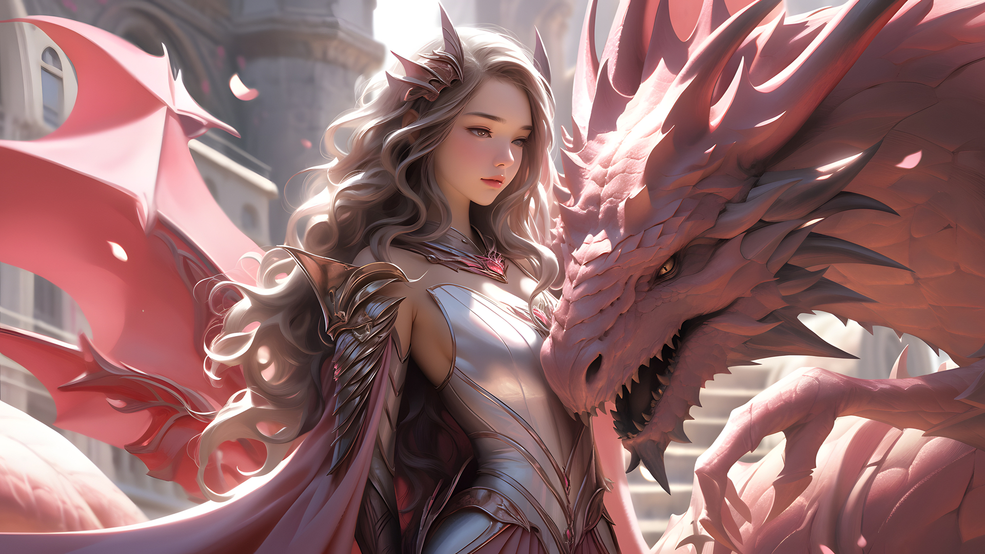 热门女人 长发 卷发 AI艺术 生物 龙 盔甲 阳光 电脑 高清壁纸 3840×2160