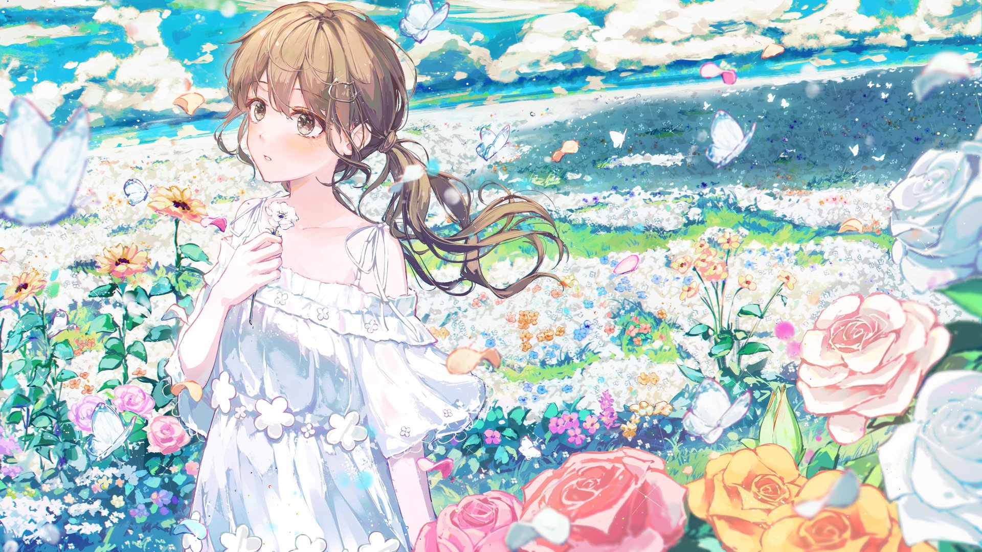 黑发 长发 马尾辫 动漫 少女 田野 花朵 蝴蝶 白色 连衣裙 向日葵 花瓣 天空 电脑 壁纸 4096×2304