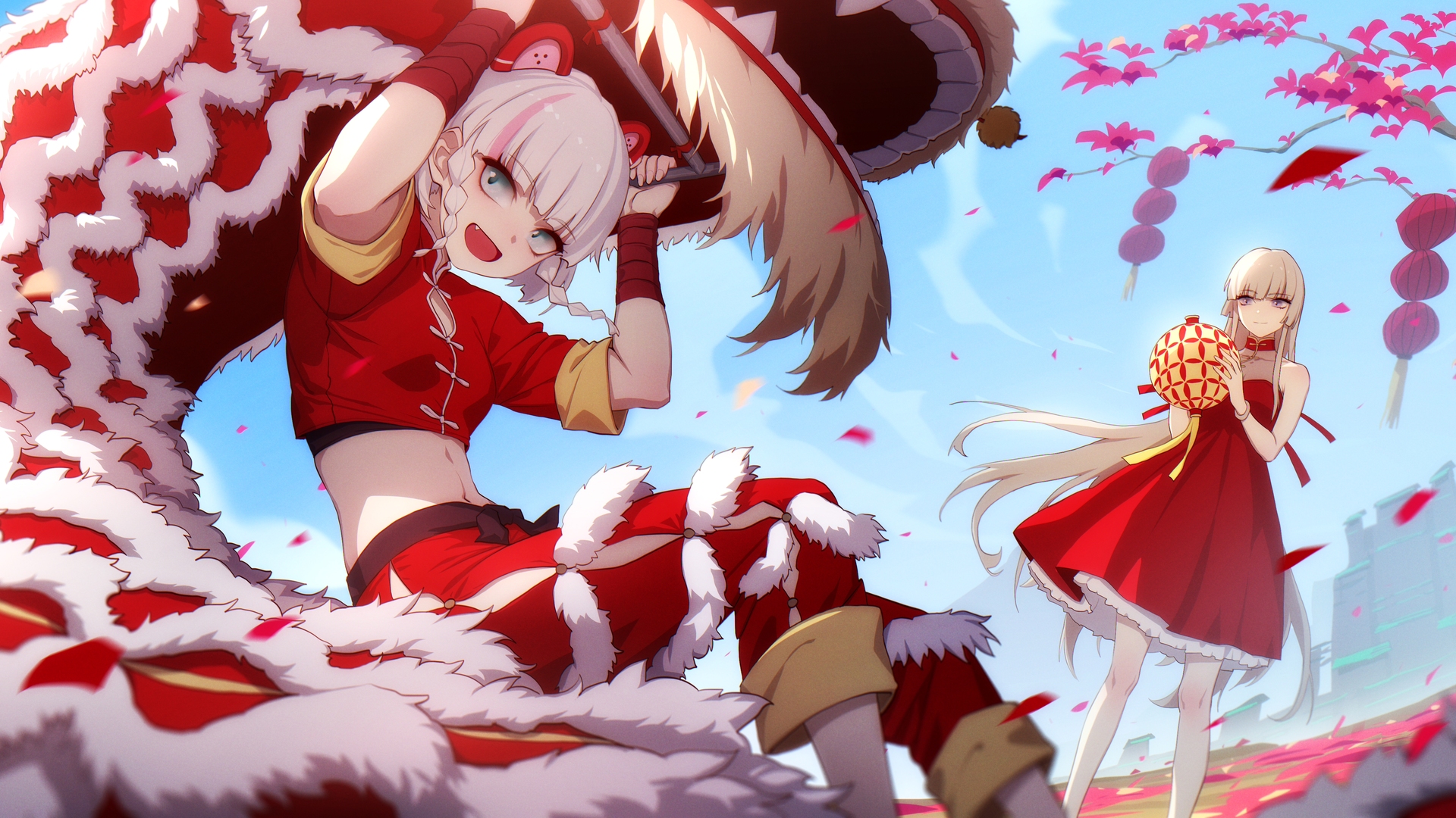 高清角色 金发 动漫 女孩 龙 简单背景 银发 红色 绘画 电脑 壁纸 5926×2500