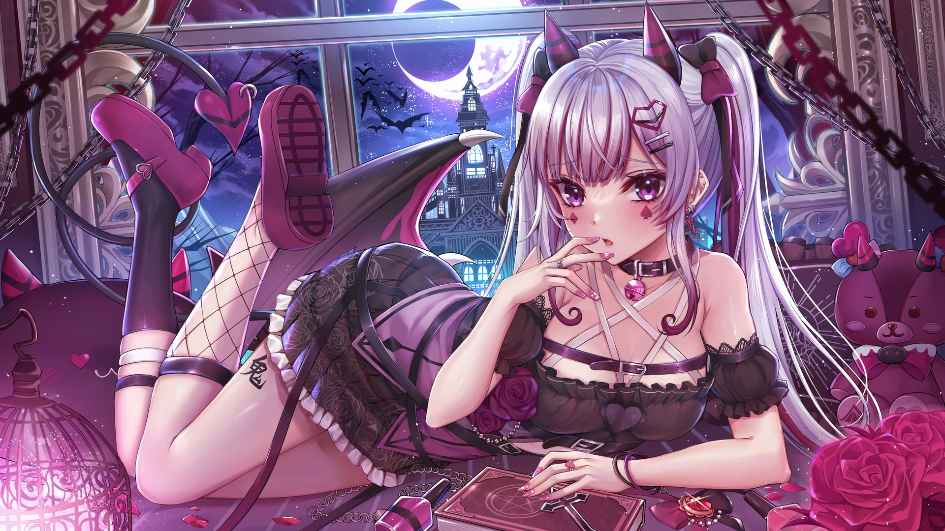 动漫 动漫女孩 妖妖 月亮 银发 双尾 紫眼 虚拟 电脑 4K高清壁纸 4535×2552