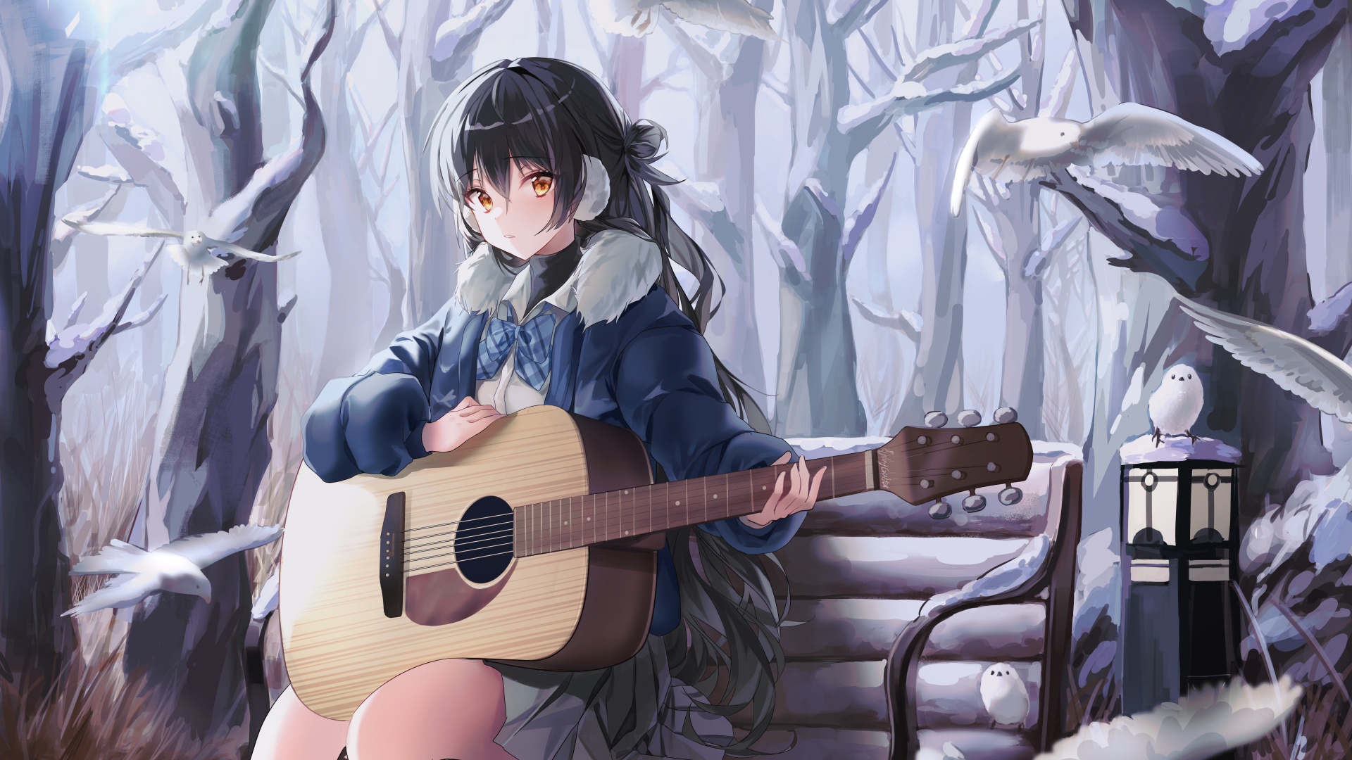热门原创 人物 黑发 动漫 动漫女孩 鸟 雪 棕色眼睛 艺术 电脑 高清壁纸 8384×4960
