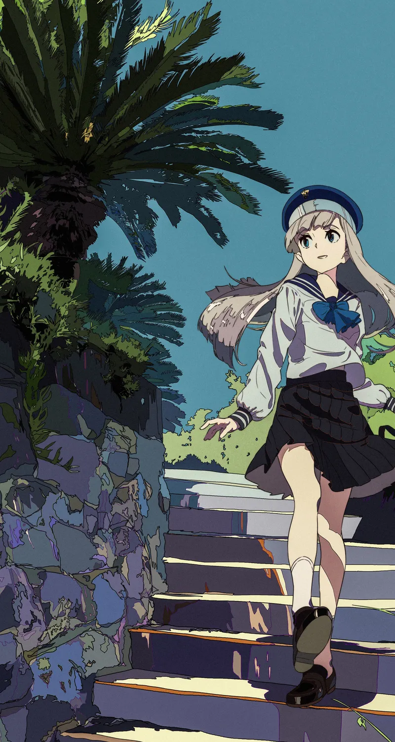 女学生 长发 动漫 动漫女孩 校服 楼梯 明星 帽子 钱包 领结 手机 壁纸 3979×6058