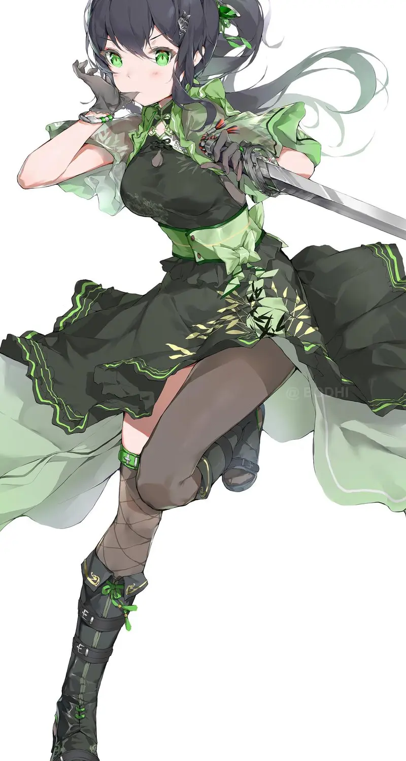 绿色 眼睛 动漫女孩 衣服 剑 武器 手套 简单 壁纸 3840×3840