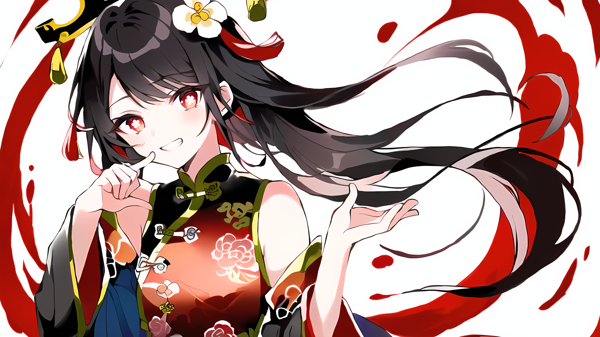 唯美胡桃 原神 红眼睛 动漫女孩 黑发 中国服饰 头发 花 电脑 壁纸 4608×3072