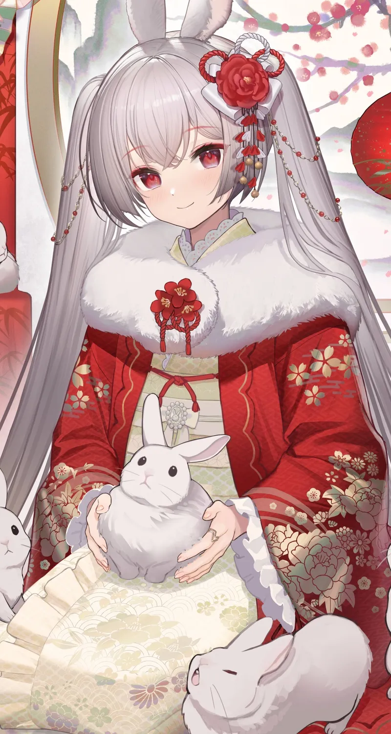动漫 动漫女孩 双尾 兔子 动物 头发 花 手机 壁纸 6598×9327