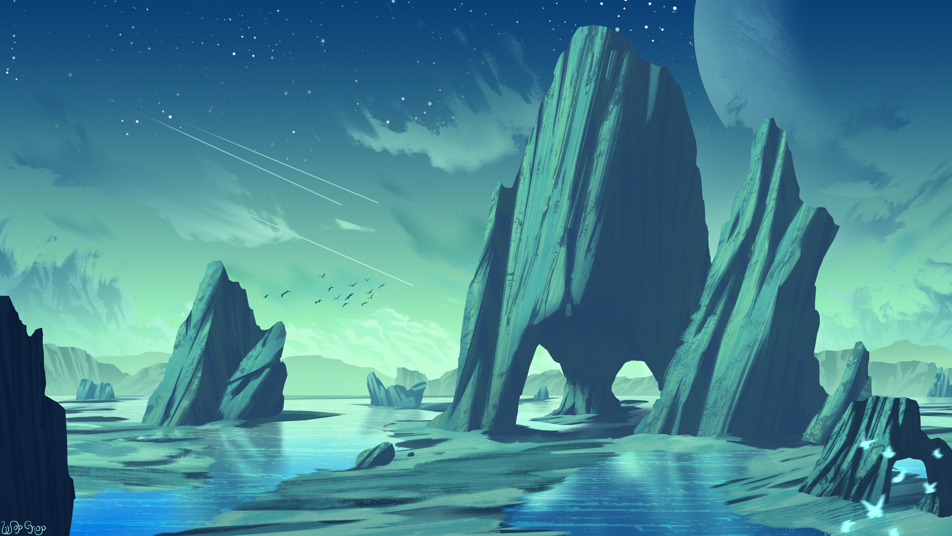 热门AI艺术 插图 风景 自然 环境 星星 鸟类 岩层 奇幻艺术 水 水印 行星 天空 云 电脑 壁纸 3840×2160