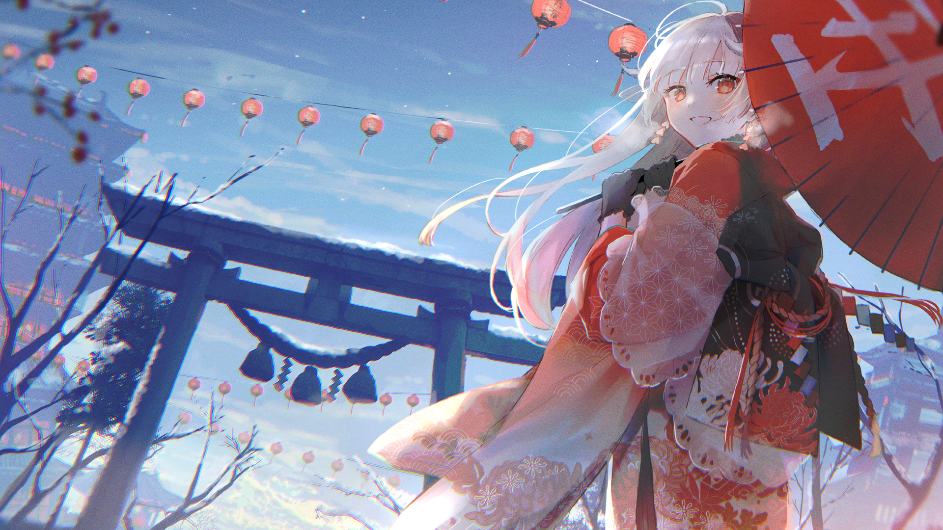 红眼睛 微笑 动漫 动漫女孩 雪 银发 伞 服装 和服 新年 电脑 壁纸 4096×2768