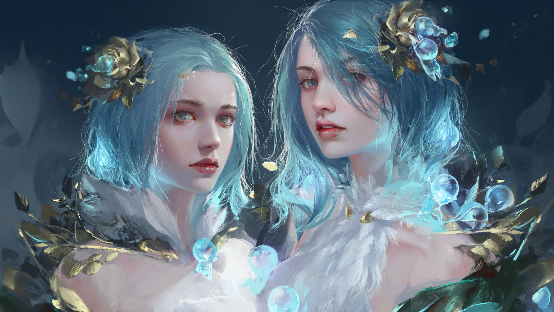 唯美梦幻女孩 蓝头发 蓝眼睛 AI艺术 银发 绘画 电脑 手机壁纸 7807×4446